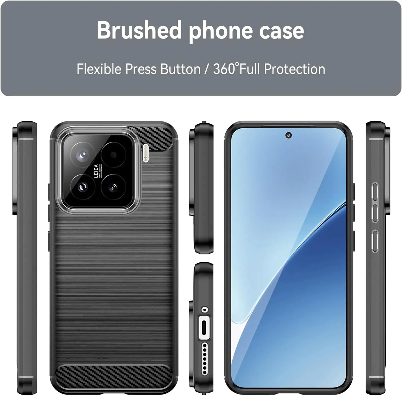Schwarze Carbon-Hülle, verschiedene Ansichten, zeigt Xiaomi 15 mit Kamera.