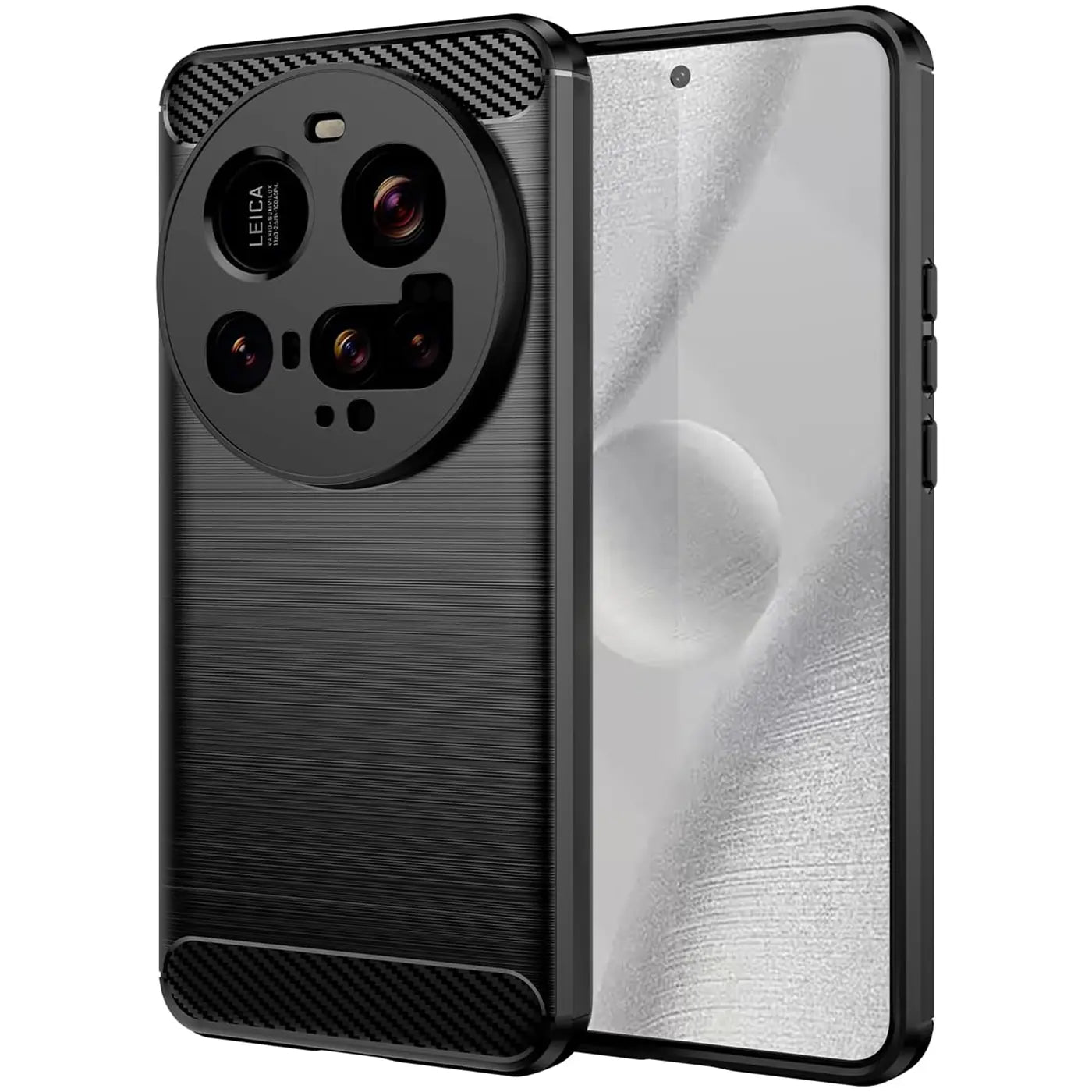Schwarze Carbon-Hülle, schräg von vorne, mit Xiaomi 15 Ultra und Kamera-Modul.