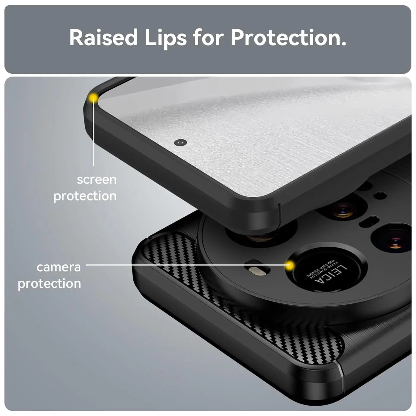 Schwarze Carbon-Hülle mit erhöhten Rändern für Xiaomi 15 Ultra, Nahaufnahme