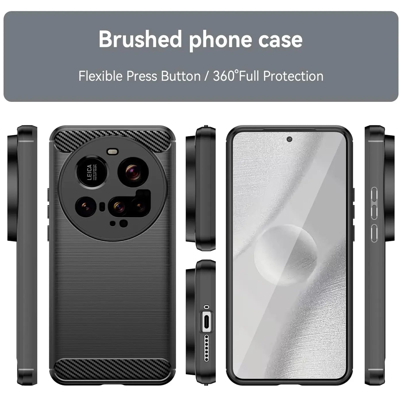 Schwarze Carbon-Hülle für Xiaomi 15 Ultra, von vorne, hinten, Seite, unten, oben