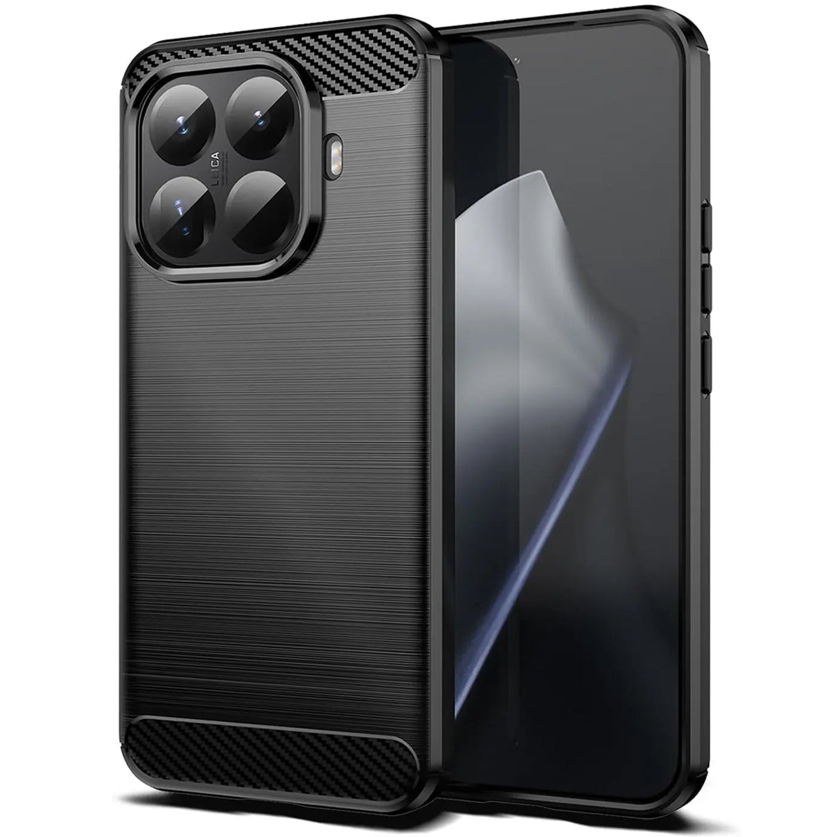 Schwarze Carbon-Hülle mit gebürsteter Oberfläche, seitliche Ansicht, zeigt Smartphone-Kamera.