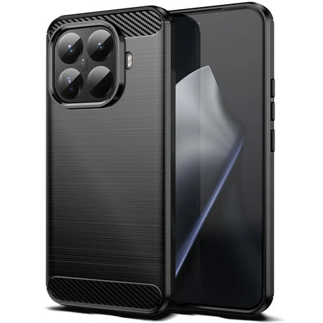 Schwarze Carbon-Hülle mit gebürsteter Oberfläche, seitliche Ansicht, zeigt Smartphone-Kamera.