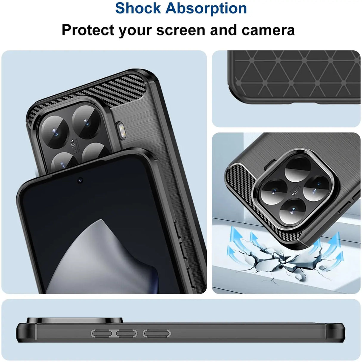 Schwarze Carbon-Hülle, seitliche Ansicht, zeigt Xiaomi 15T Pro mit Kamera.