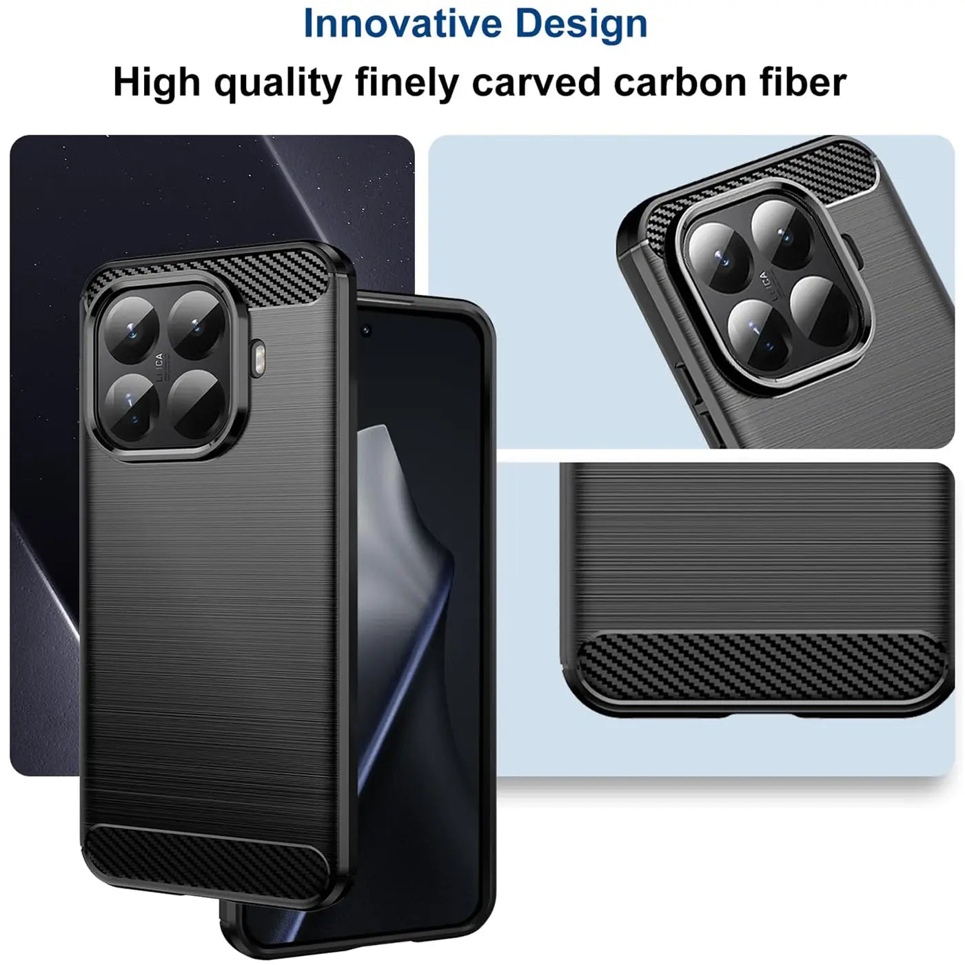 Schwarze Carbon-Hülle, Nahaufnahme, Xiaomi 15T Pro mit vier Kameras.