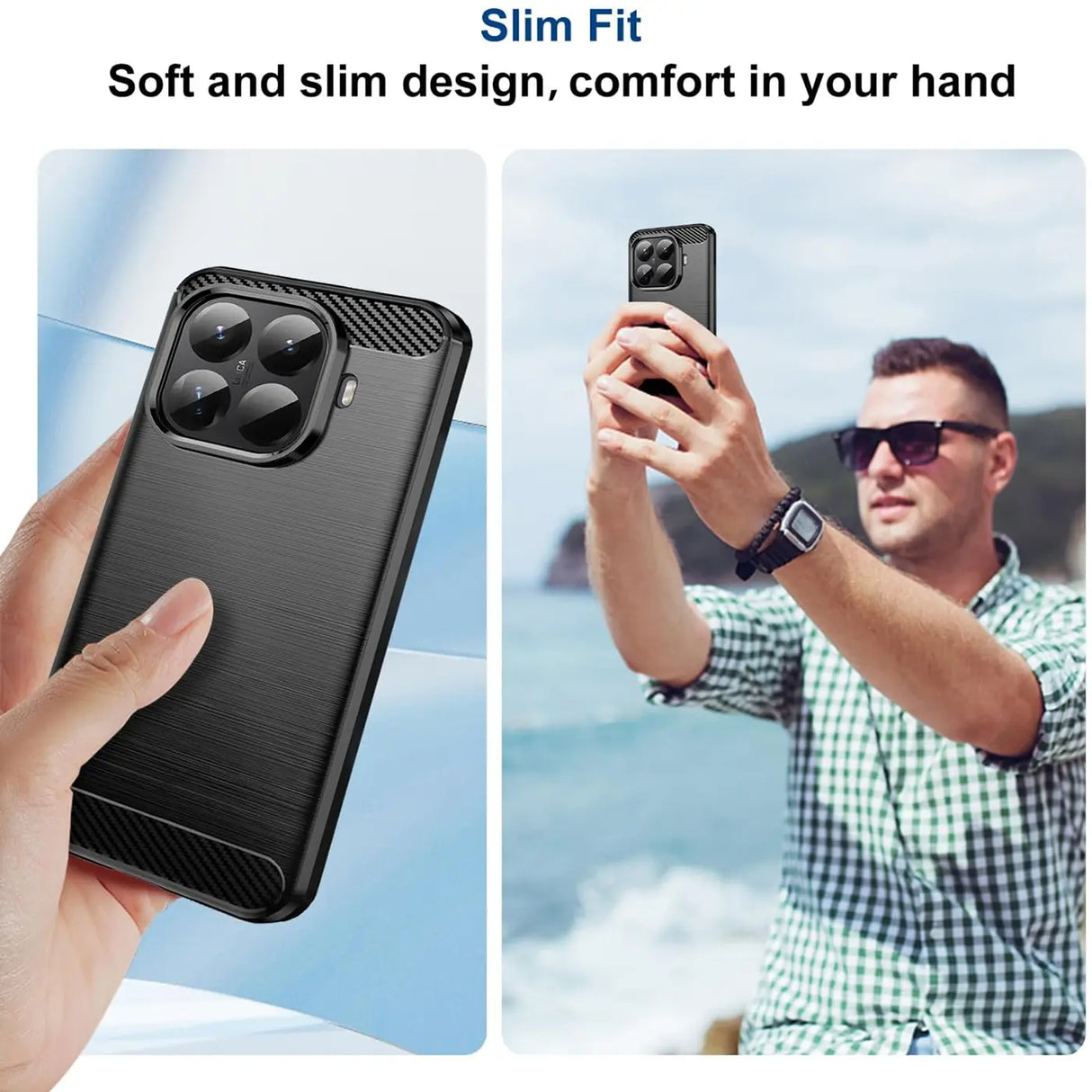 Schwarze Carbon-Hülle, von vorne gezeigt, hält ein Xiaomi 15T Pro.