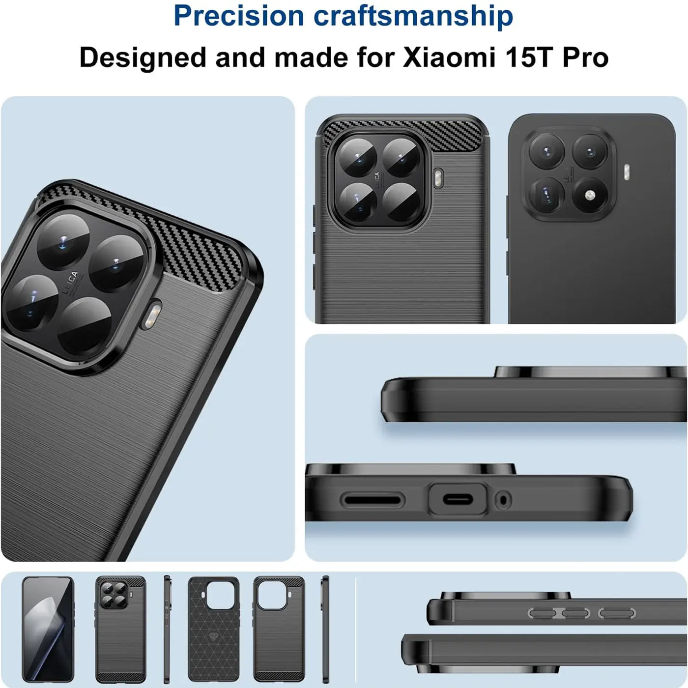 Schwarze Carbon-Hülle für Xiaomi 15T Pro, von schräg vorne und von hinten gezeigt.