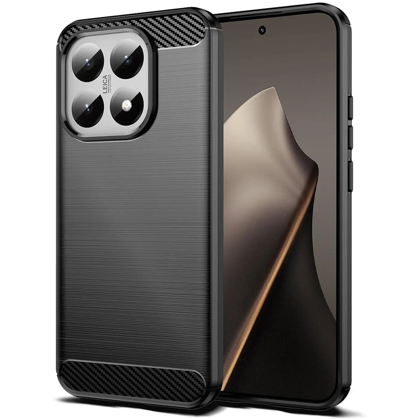 Schwarze Carbon-Hülle mit gebürstetem Finish, von vorne, zeigt Kamera-Array eines Smartphones.