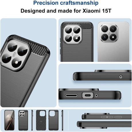 Graue Carbon-Hülle für Xiaomi 15T, Nahaufnahme, Rückseite, Seitenansicht