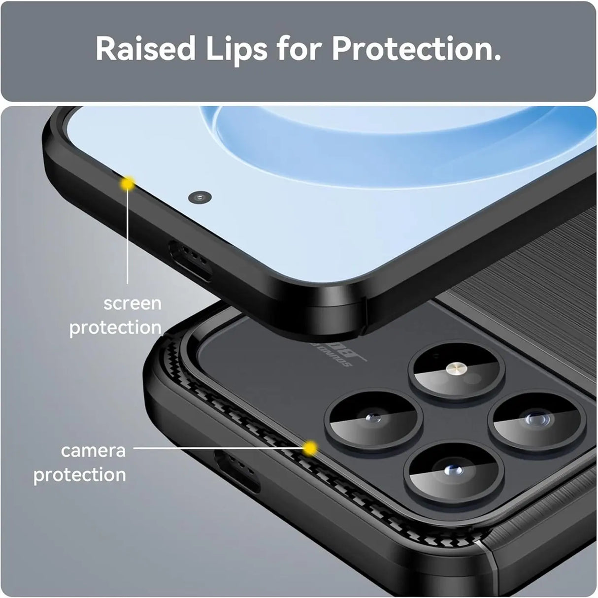 Schwarze Carbon Hülle mit erhöhten Rändern für Xiaomi Poco F8 Pro, Nahaufnahme