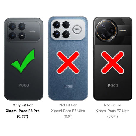 Drei Handy-Rückseiten: links Xiaomi Poco F8 Pro mit Haken, Mitte/rechts andere Modelle mit Kreuz