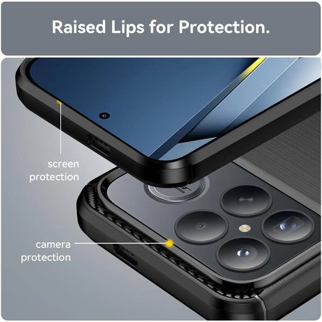 Schwarze Carbon-Hülle mit erhöhtem Rand schützt Kamera und Display eines Smartphones.