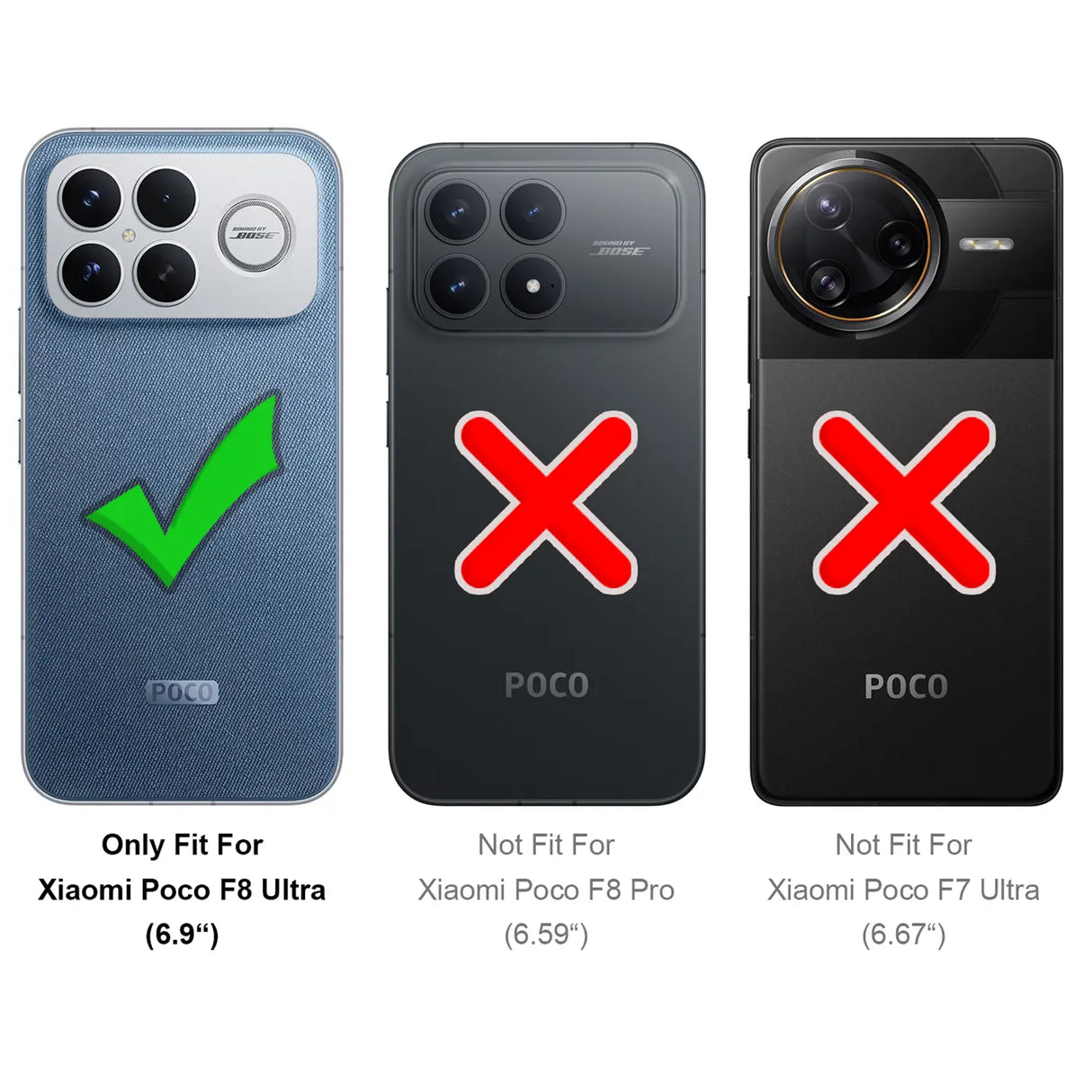Drei Rückseiten von Smartphones: links Xiaomi Poco F8 Ultra mit grüner Häkchen-Grafik, rechts zwei Modelle mit roten Kreuzen.