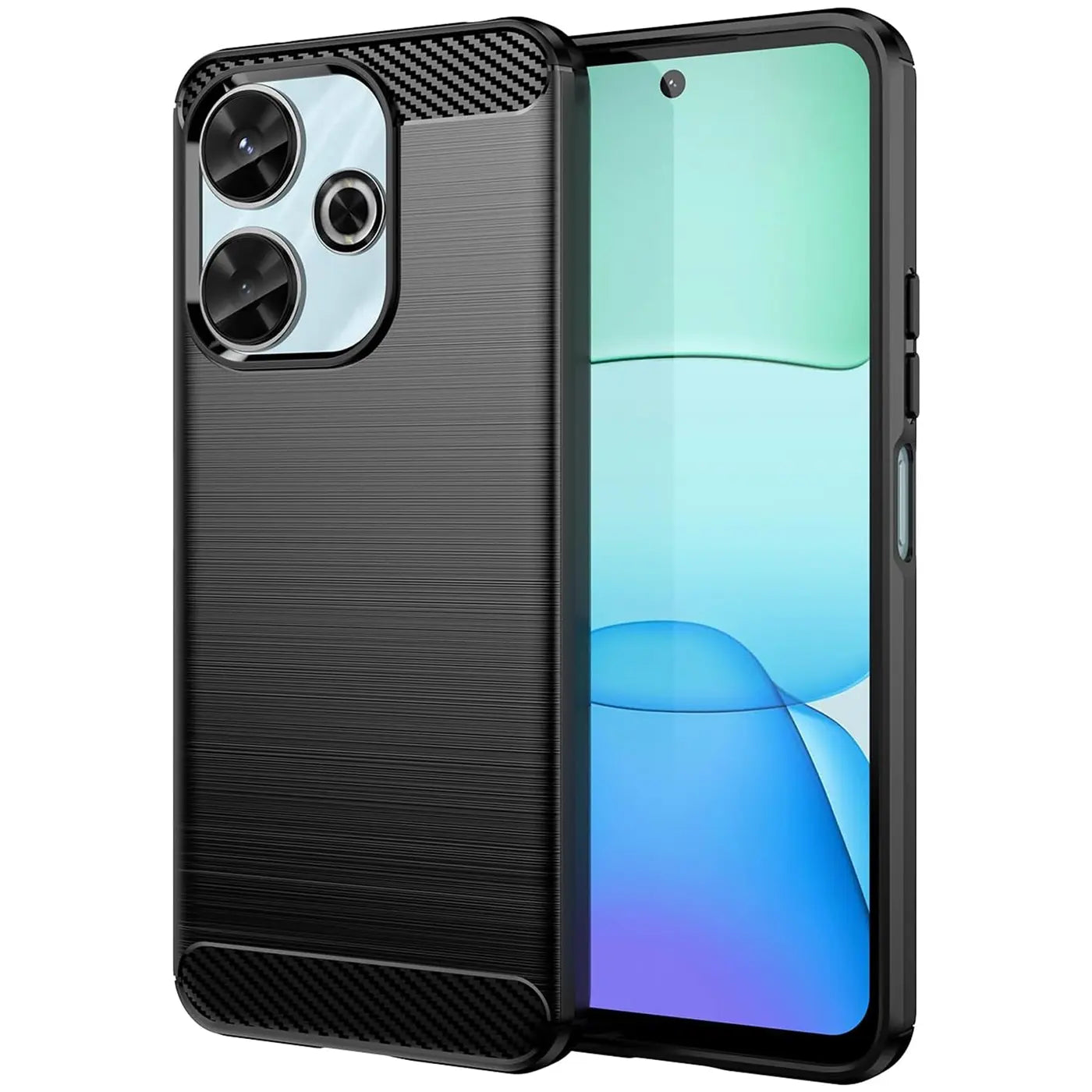 Schwarze Carbon-Hülle, von schräg vorne, mit Xiaomi Redmi 13.