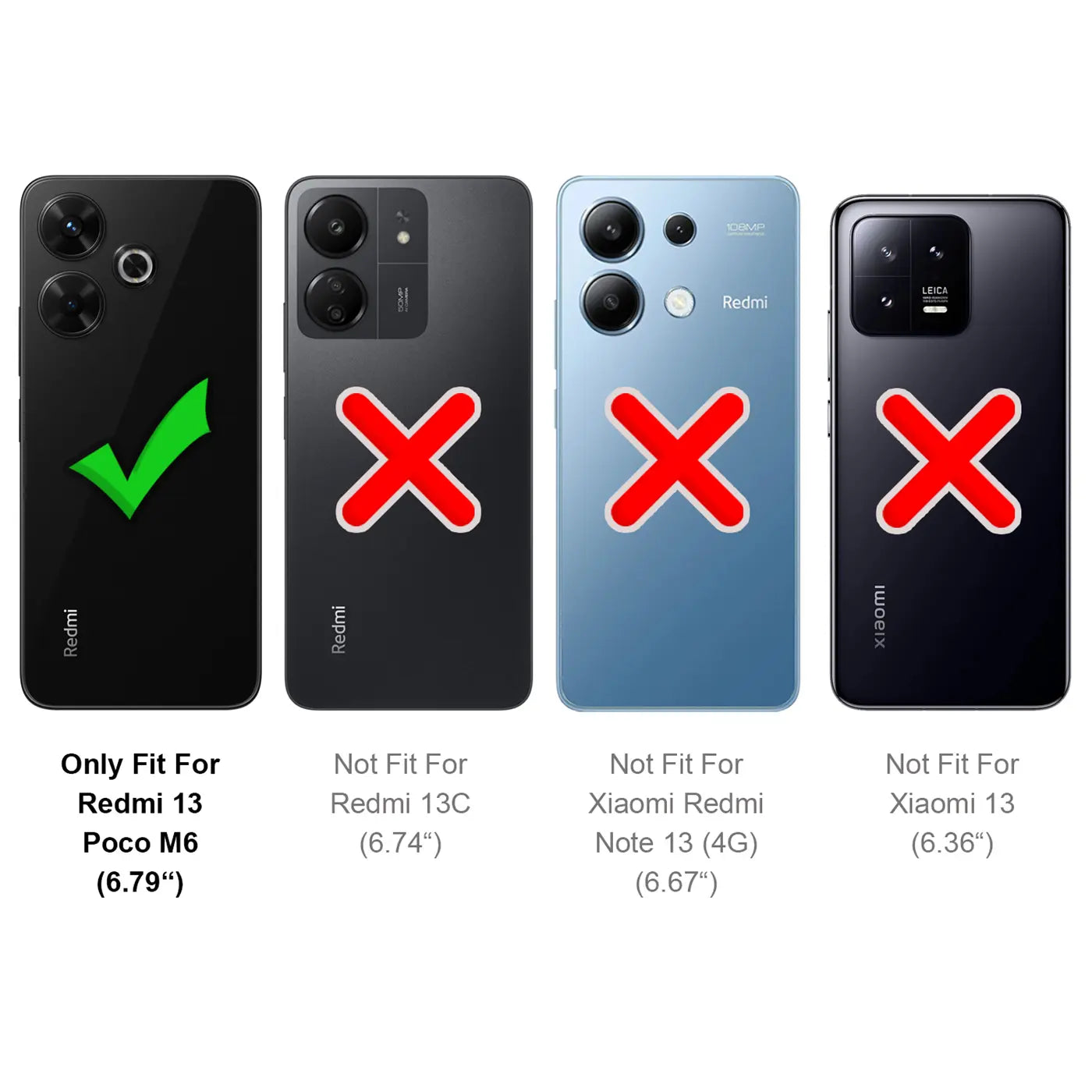 Vier Smartphones, Rückansicht. Eines mit grünem Haken, drei mit rotem Kreuz.