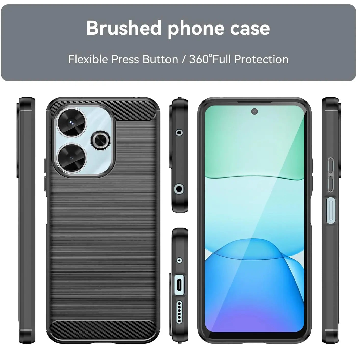 Schwarze Carbon-Hülle für Xiaomi Redmi 13, von vorne, hinten, Seiten und Ober-/Unterseite gezeigt.