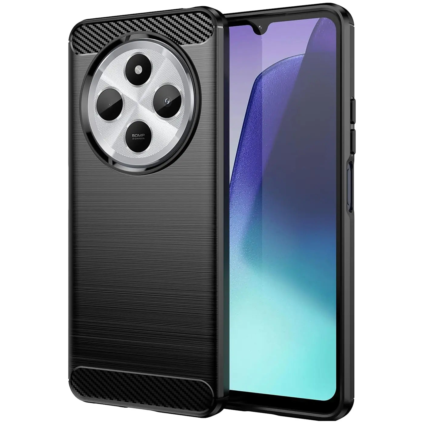 Schwarze Carbon-Hülle mit gebürsteter Textur, von vorne/seitlich, zeigt Xiaomi 14C.