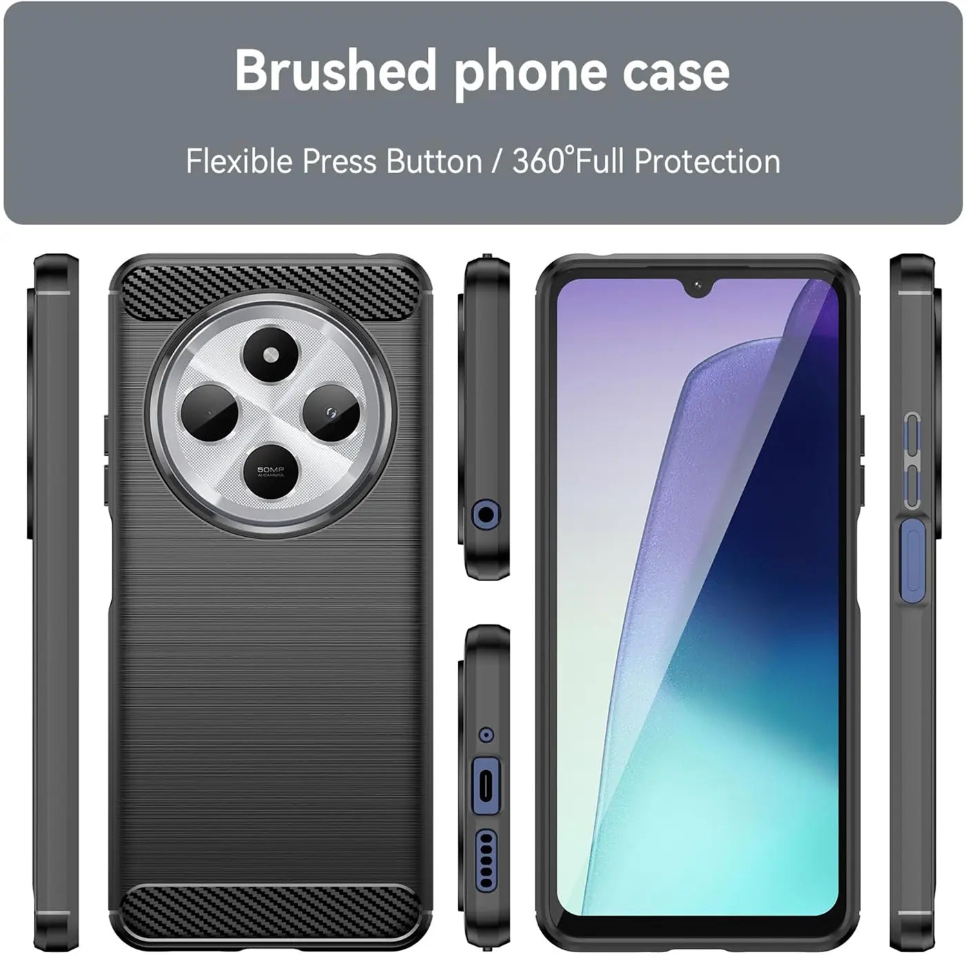 Schwarze Carbon-Hülle, Vorder- und Rückansicht, mit Smartphone.