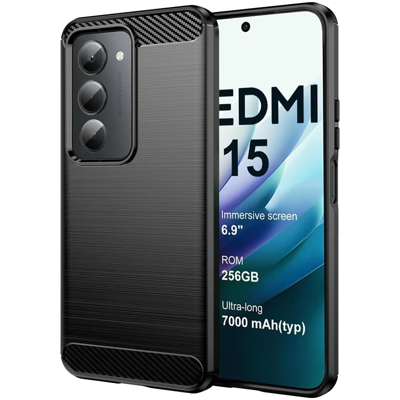 Schwarze Carbon-Hülle mit gebürsteter Textur, schützt Xiaomi Redmi 15 4G/5G.