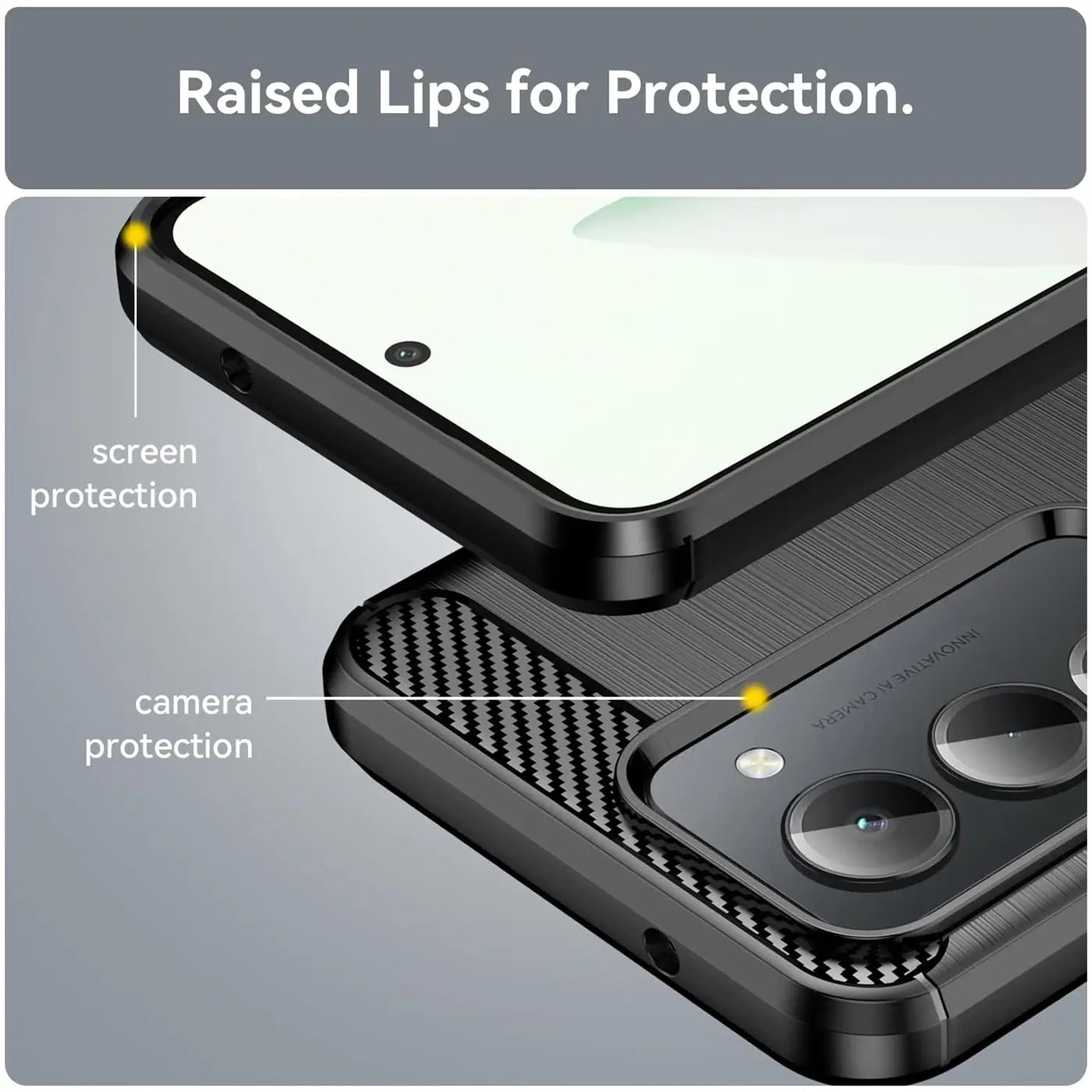 Schwarze Carbon-Hülle mit erhöhten Rändern für Xiaomi Redmi 15 4G/5G, Nahaufnahme.