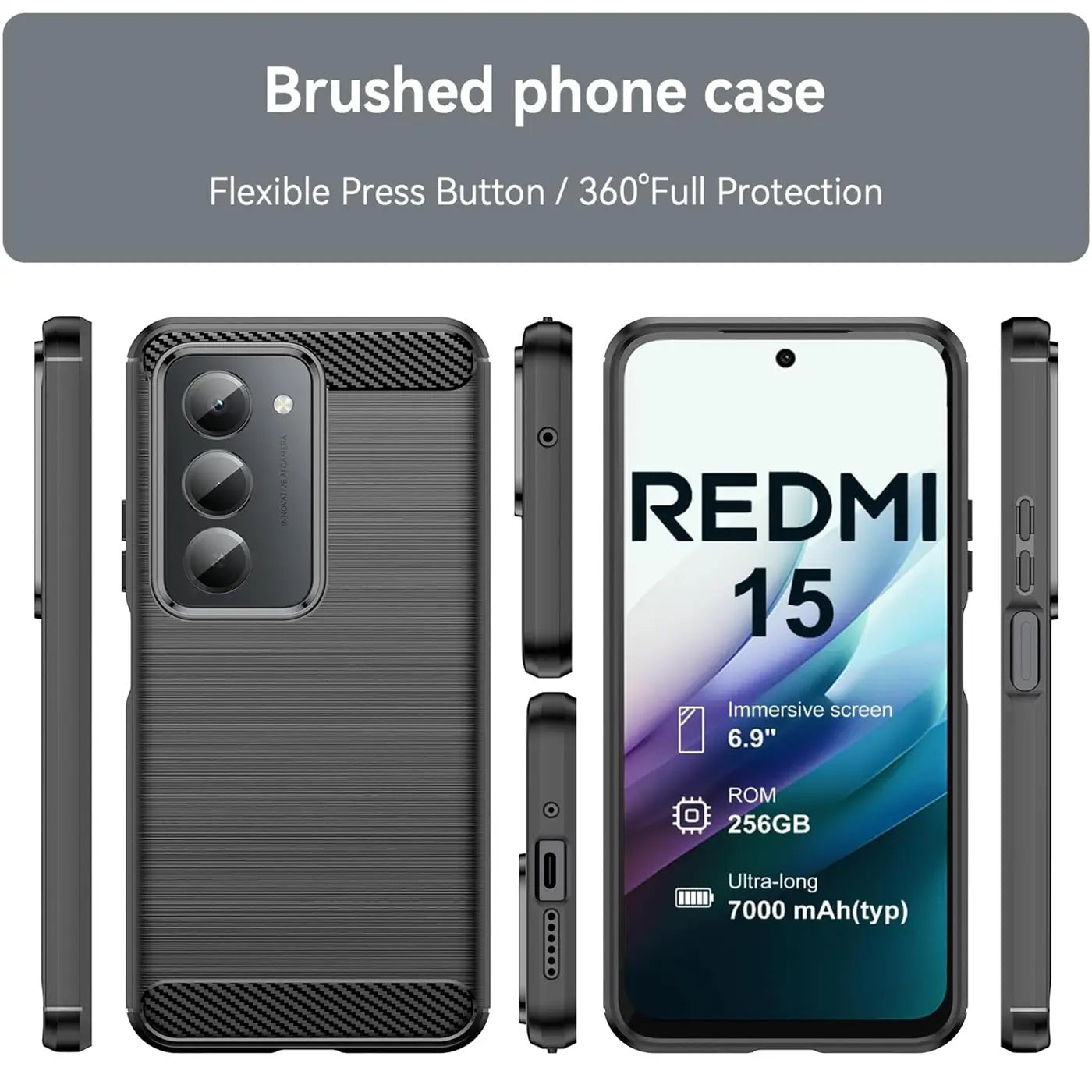 Dunkelgraue Carbon-Hülle, Vorder- und Rückansicht, mit Xiaomi Redmi 15 Display.