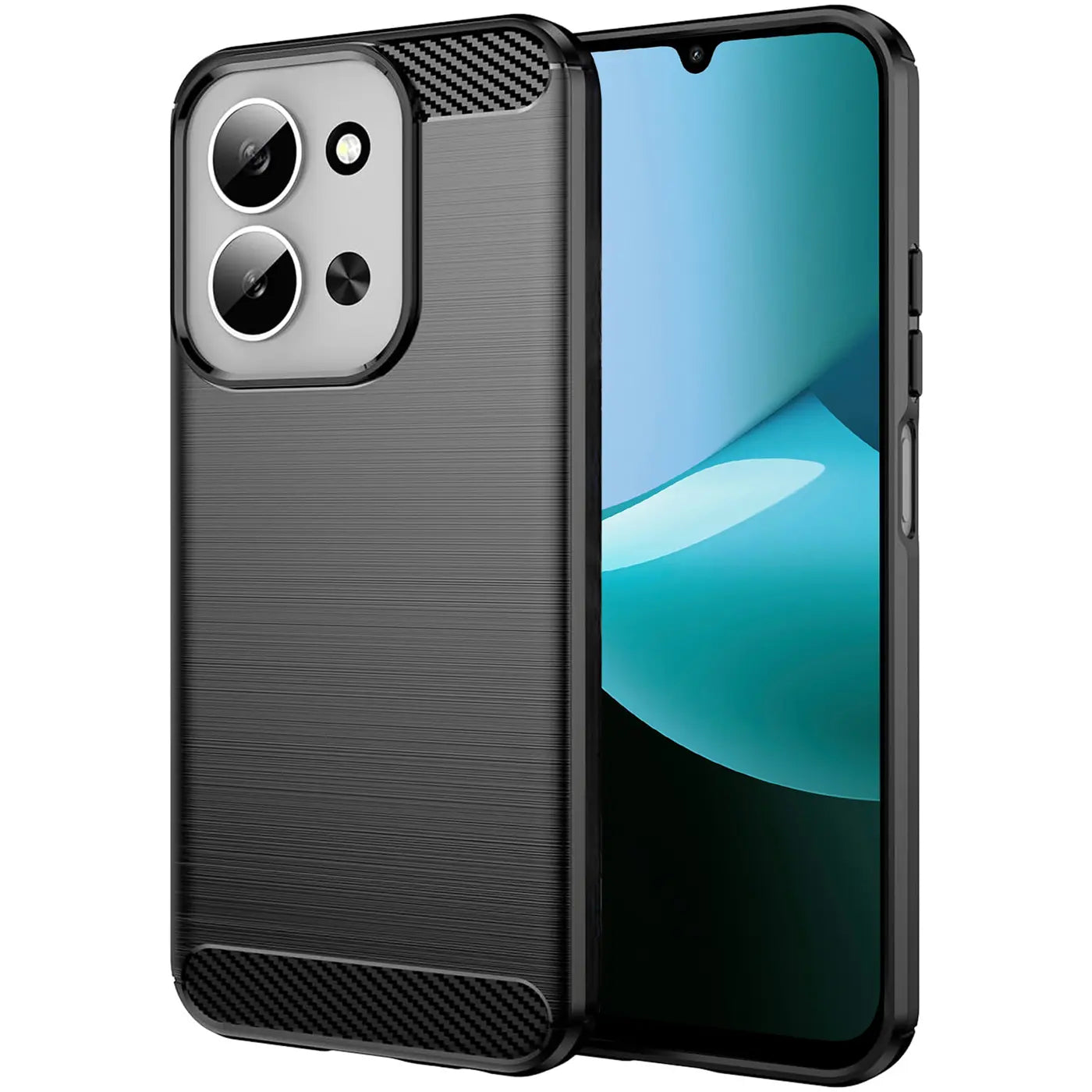 Schwarze Carbon-Hülle mit gebürsteter Oberfläche, seitliche Ansicht, zeigt Xiaomi Redmi 15C.