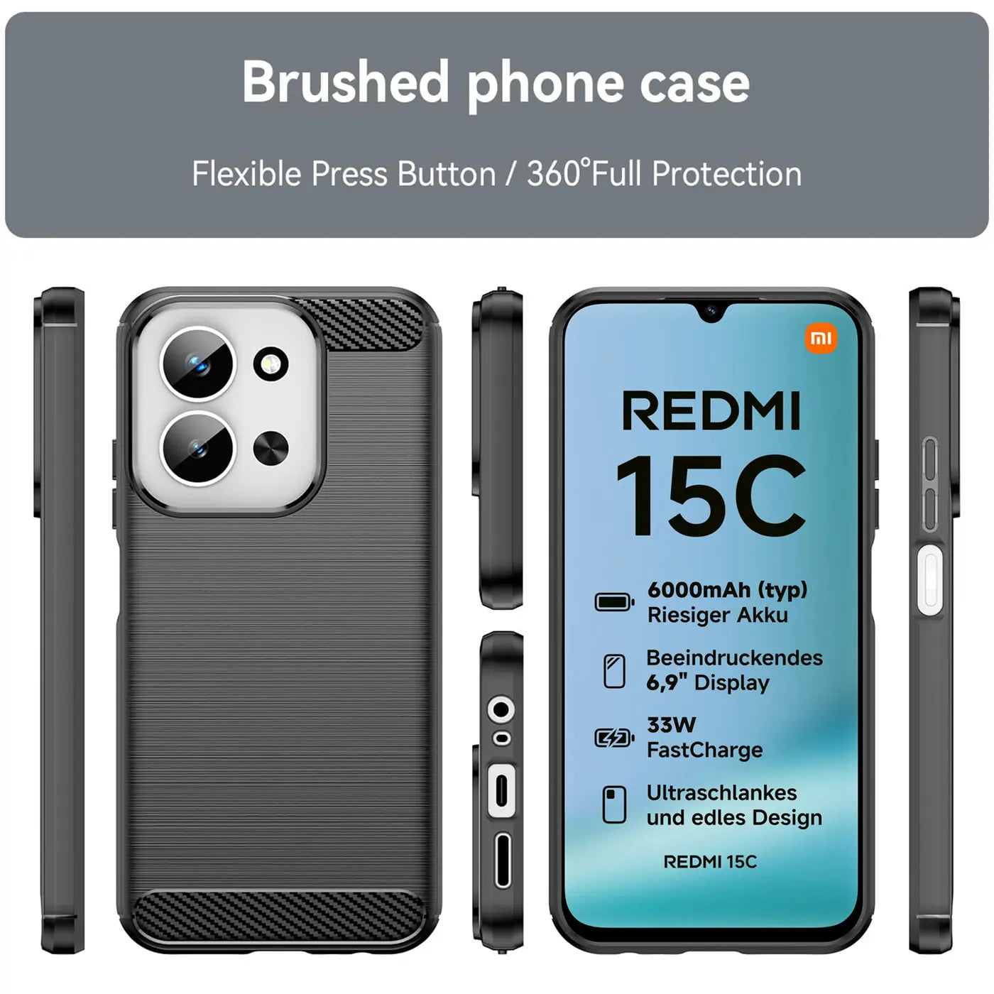 Graue Carbon-Hülle für Xiaomi Redmi 15C, von vorne, Seite, Rückseite und Displayansicht