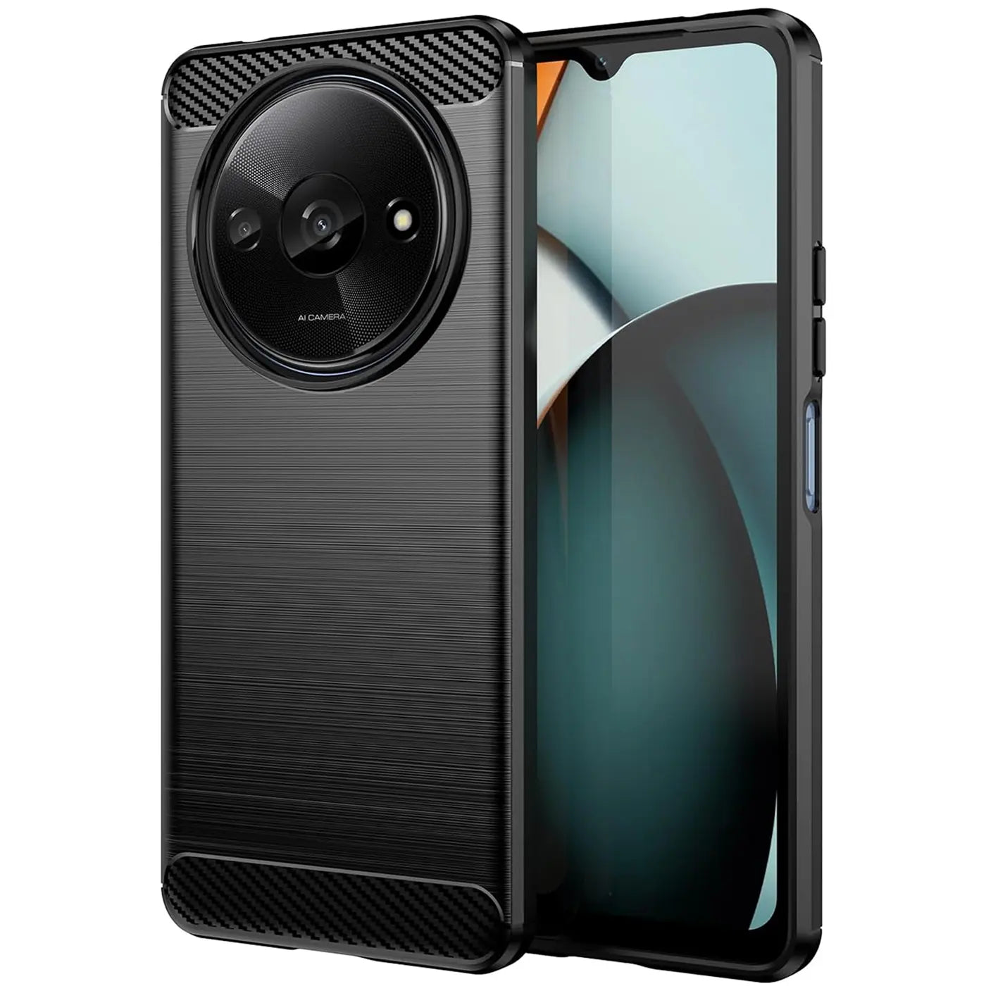 Schwarze Carbon-Hülle mit gebürsteter Textur für Xiaomi Redmi A3, von vorne links gezeigt.