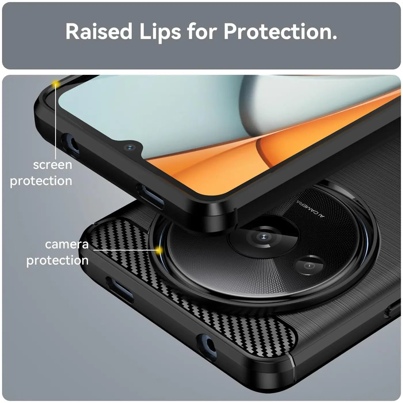 Schwarze Carbon-Hülle mit erhöhtem Rand für Displayschutz, Nahaufnahme, Xiaomi Redmi A3.