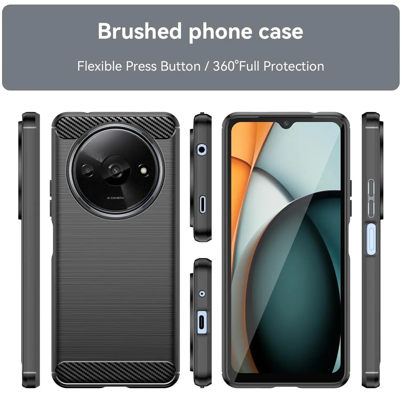 Dunkelgraue Carbon-Hülle, verschiedene Ansichten, zeigt Xiaomi Redmi A3.