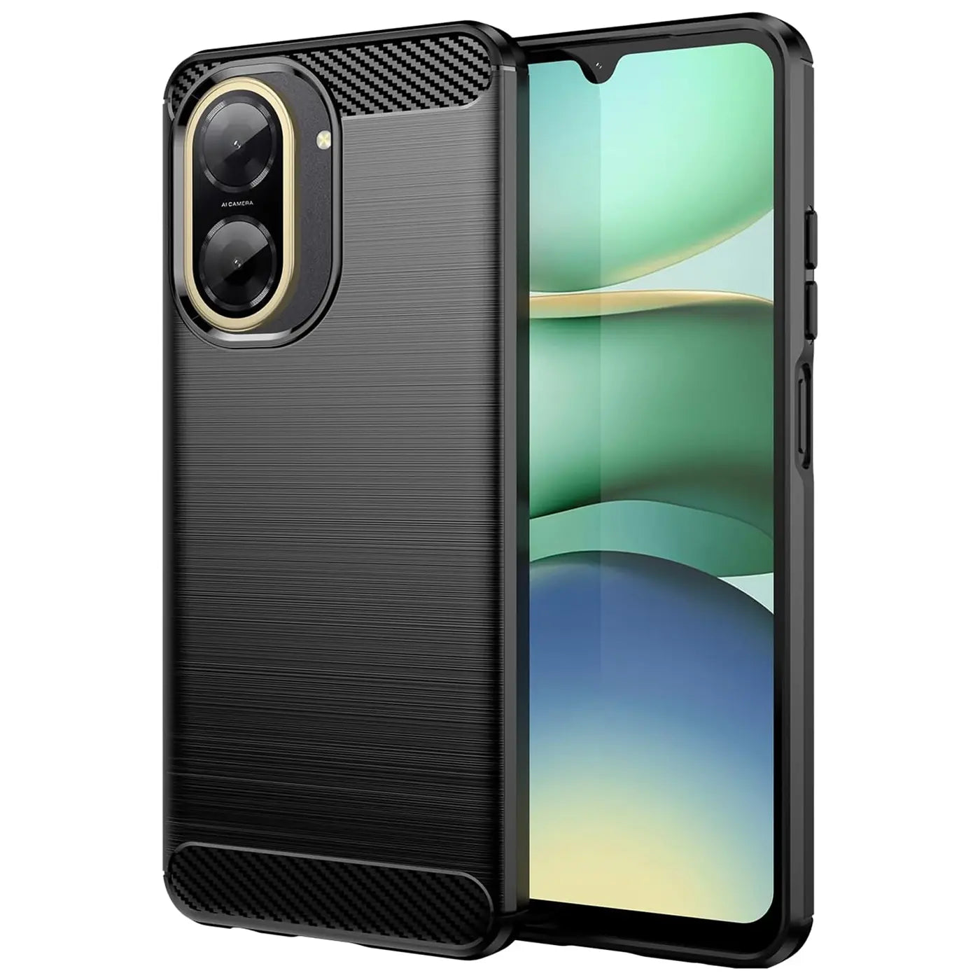Schwarze Carbon-Hülle mit gebürsteter Oberfläche, seitliche Ansicht, zeigt ein Xiaomi Redmi A5.