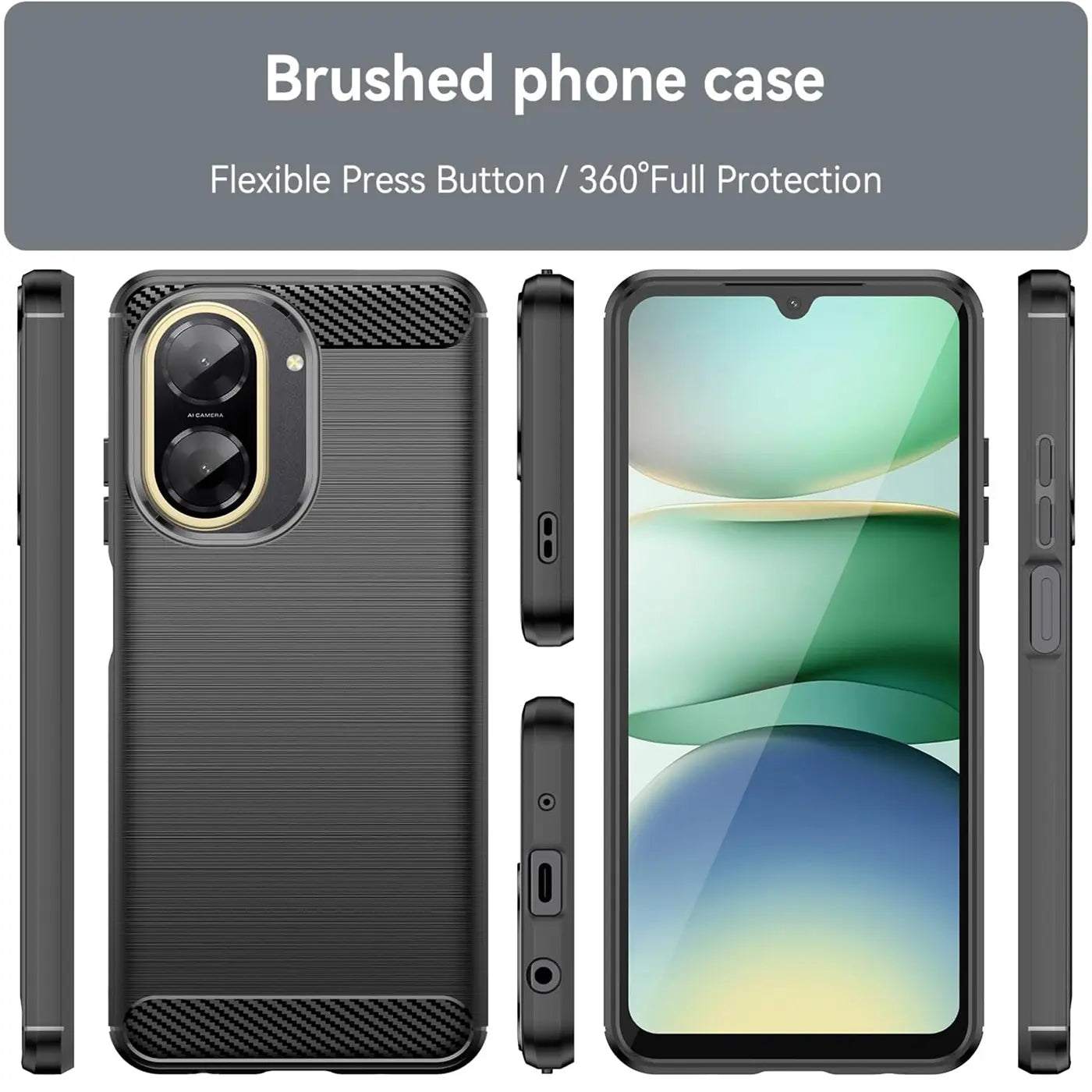 Schwarze Carbon-Hülle, verschiedene Ansichten, zeigt Xiaomi Redmi A5.