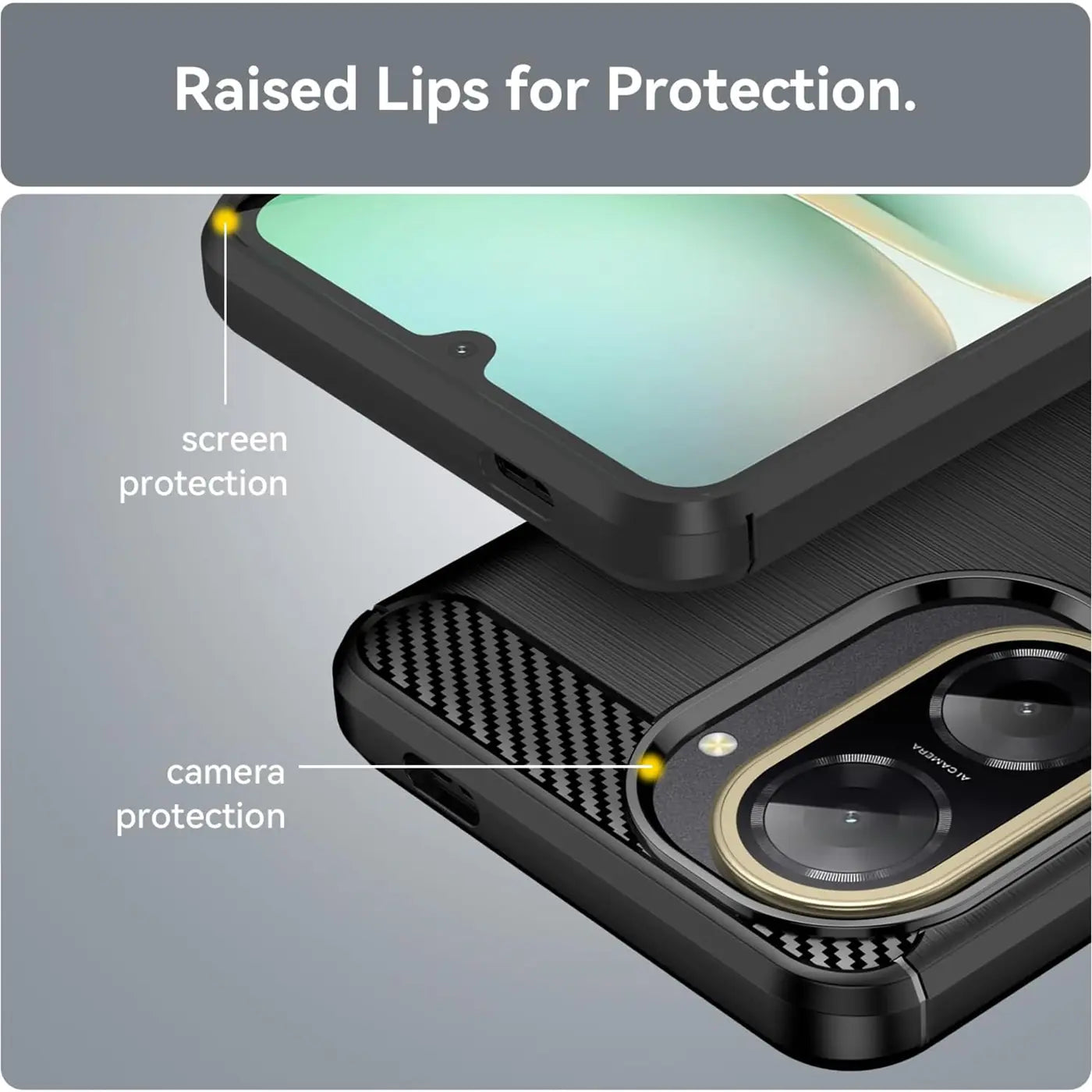 Schwarze Carbon-Hülle mit erhöhtem Rand für Xiaomi Redmi A5, Nahaufnahme von Rückseite und Bildschirm.