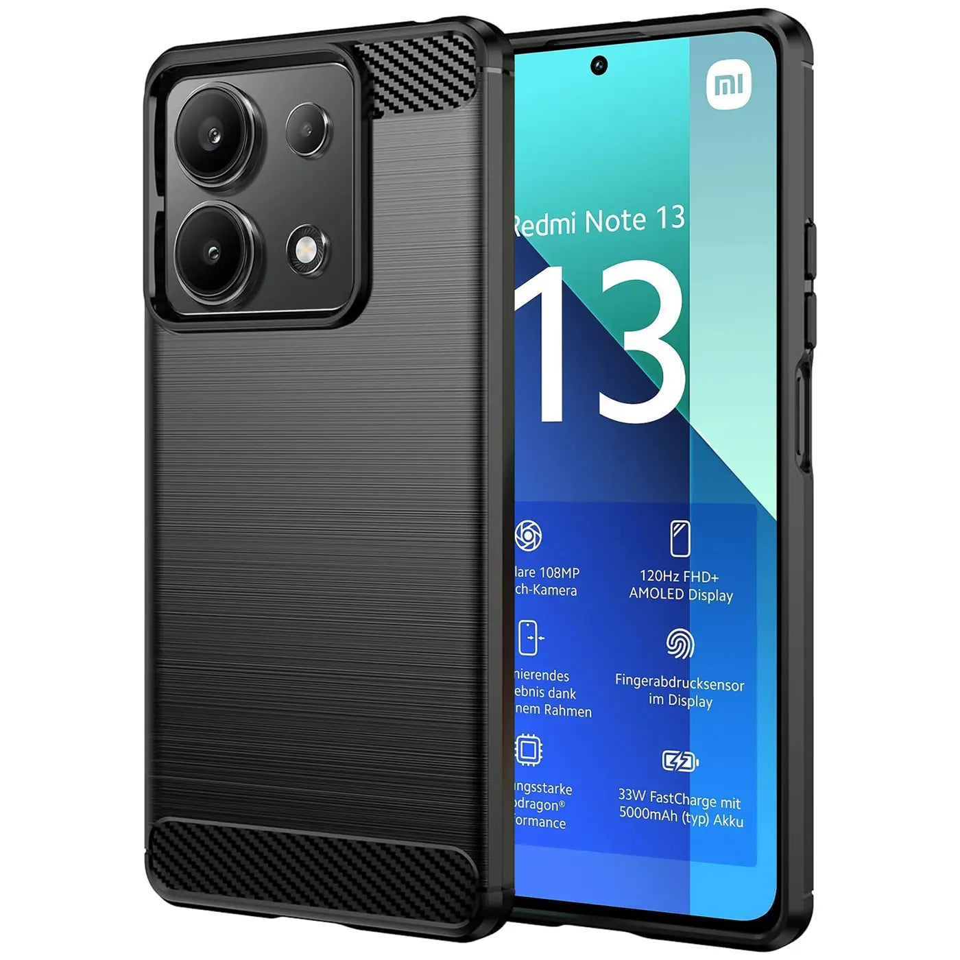 Schwarze Carbon-Hülle für Xiaomi Redmi Note 13 4G, von vorne, stoßfest.