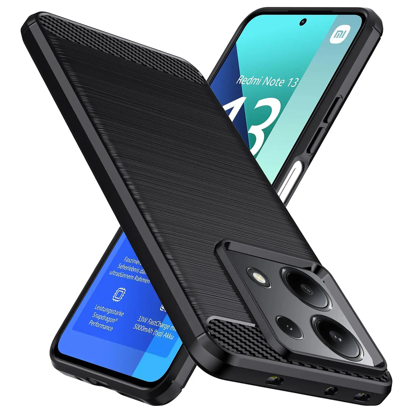 Schwarze Carbon-Hülle, schräg von vorne, zeigt Xiaomi Redmi Note 13 4G.