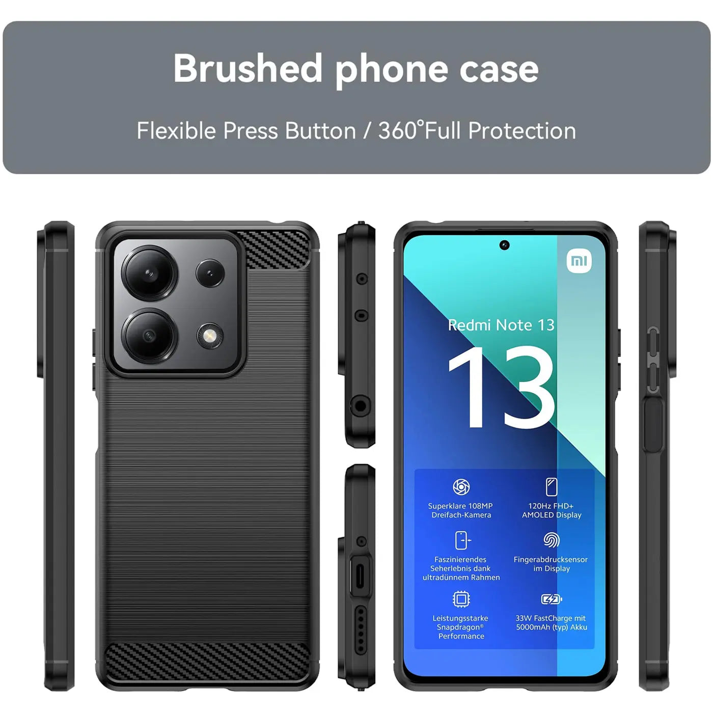 Schwarze Carbon-Hülle, verschiedene Ansichten, mit Xiaomi Redmi Note 13 4G.