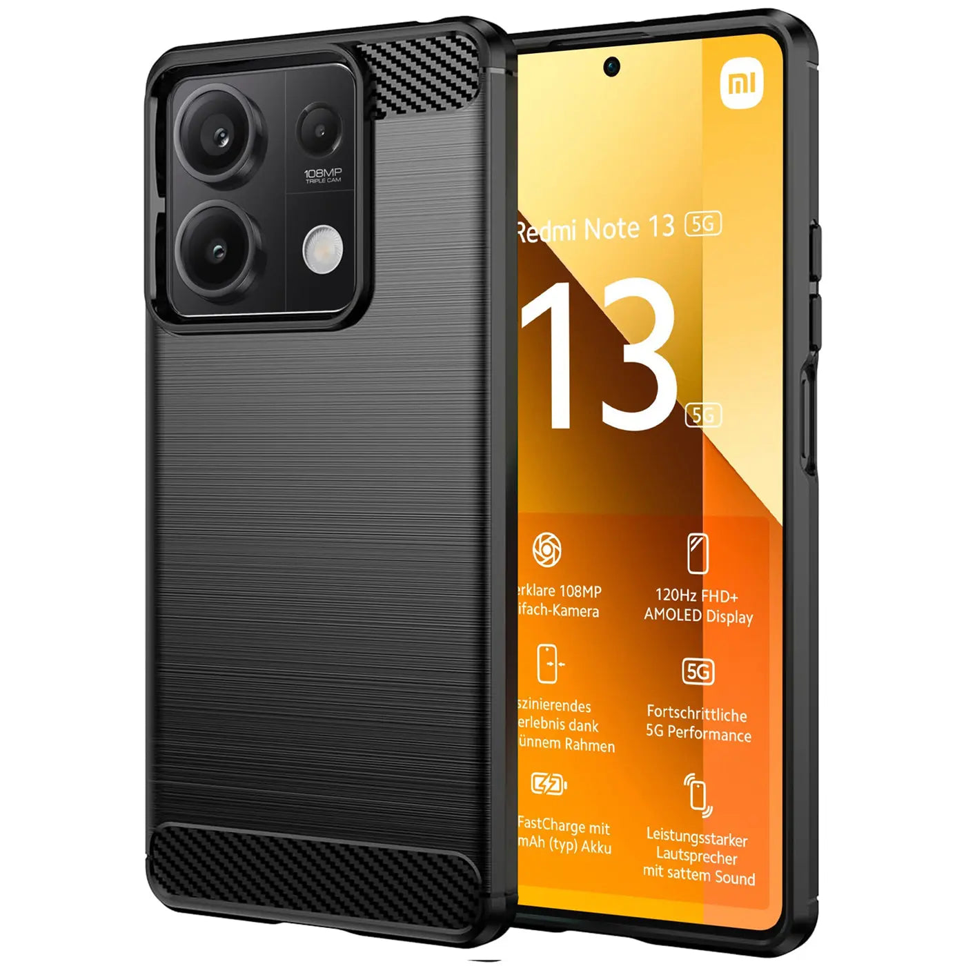 Schwarze Carbon-Hülle mit gebürsteter Textur, seitliche Ansicht, zeigt Xiaomi Redmi Note 13 5G.