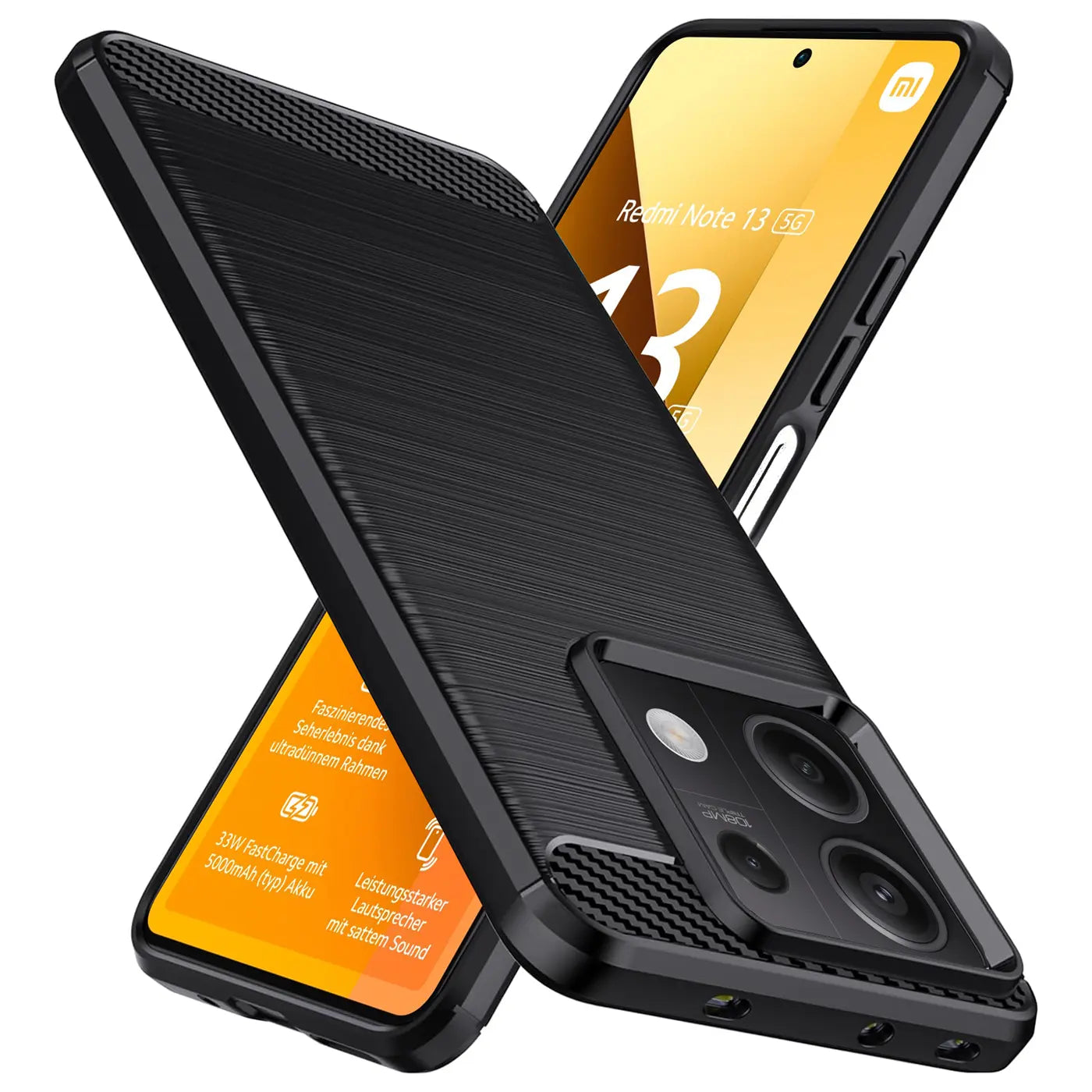 Schwarze Carbon-Hülle, schräg von vorne, zeigt Xiaomi Redmi Note 13 5G.