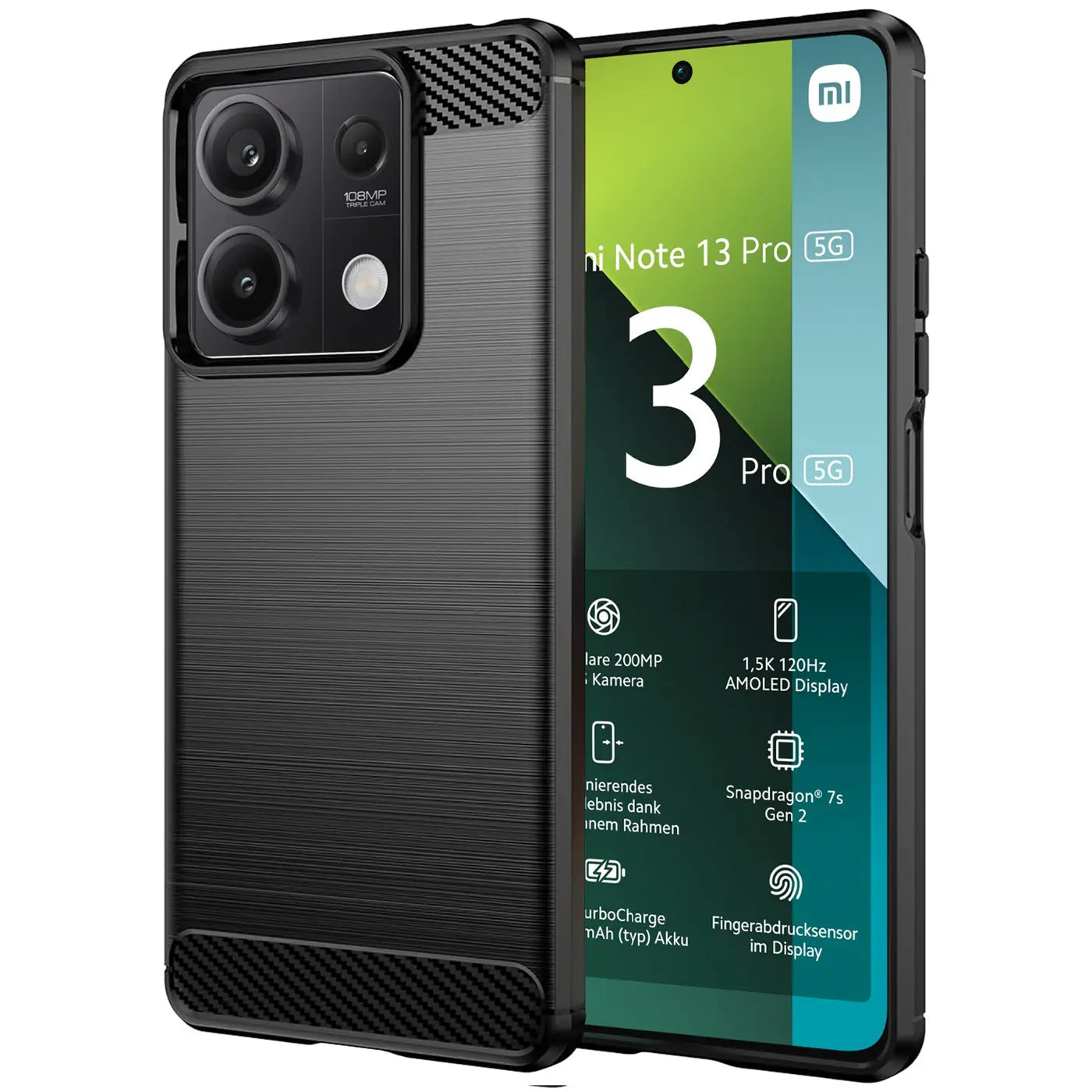 Schwarze Carbon Hülle mit gebürsteter Oberfläche, seitliche Ansicht, zeigt Xiaomi Redmi Note 13 Pro 5G.