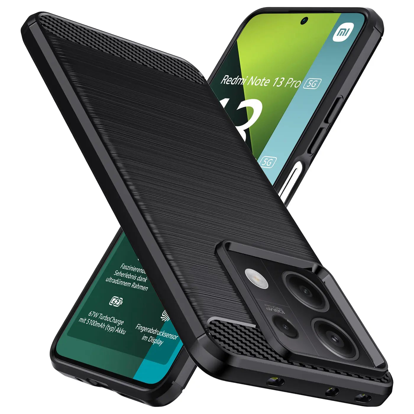 Schwarze Carbon-Hülle, von schräg oben, zeigt Xiaomi Redmi Note 13 Pro 5G.