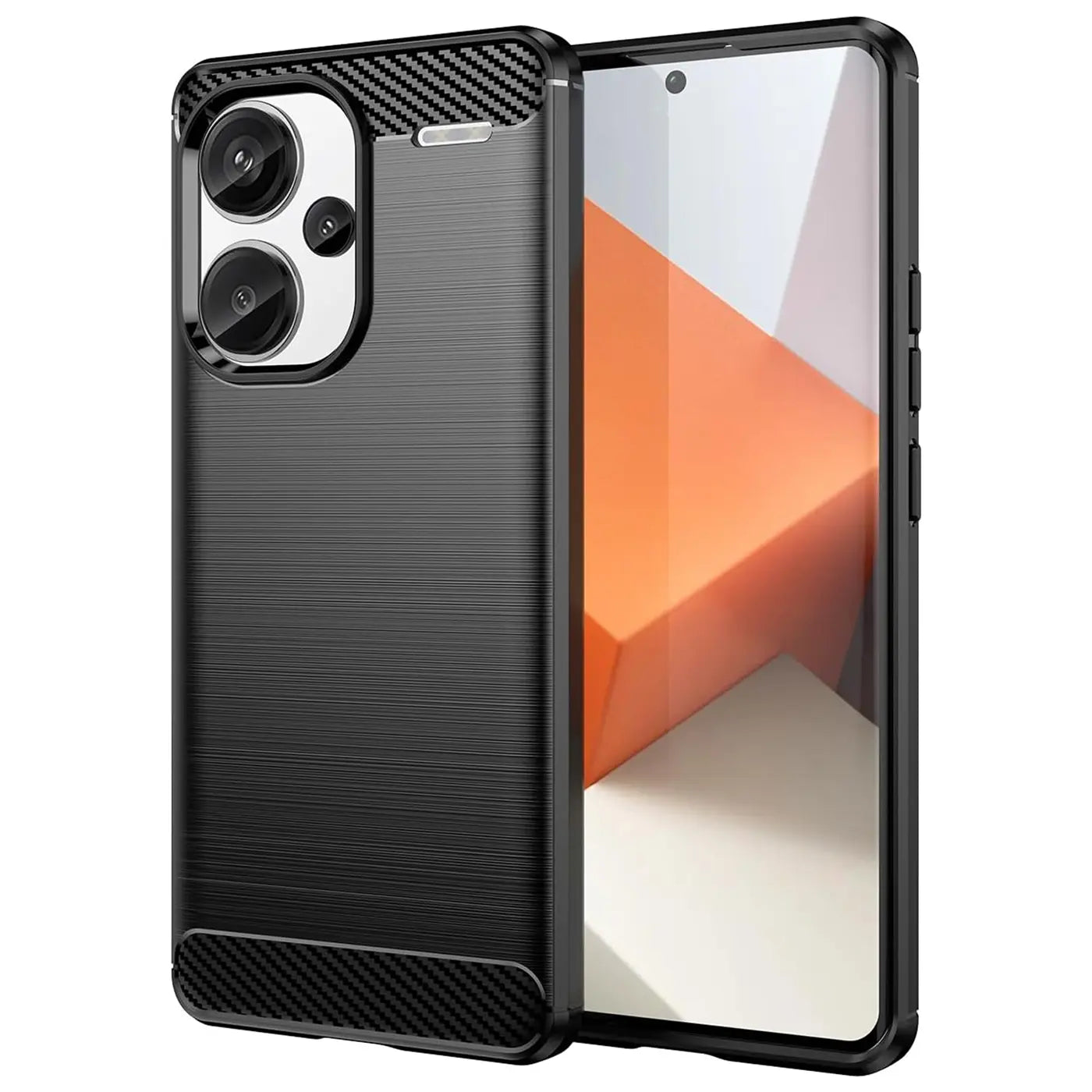 Schwarze Carbon-Hülle mit gebürsteter Textur, von vorne links, zeigt Rückseite eines Xiaomi Redmi Note 13 Pro+ 5G.