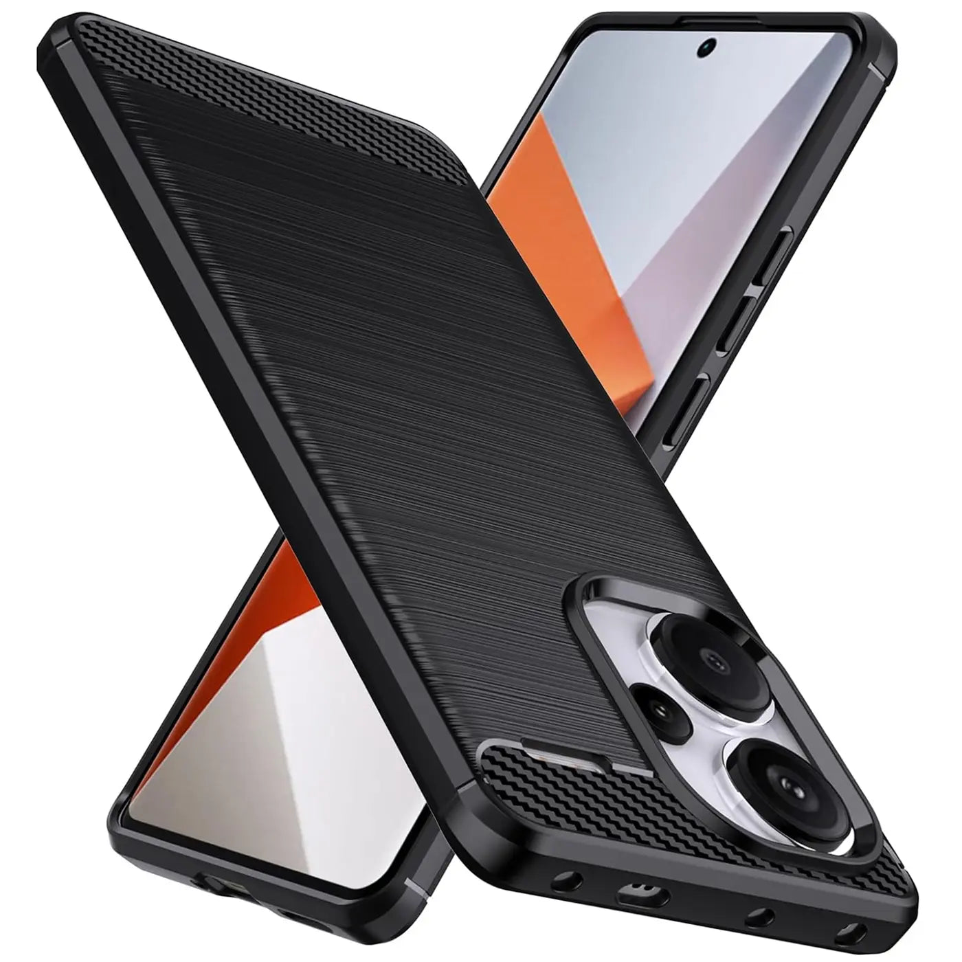 Schwarze Carbon-Hülle, schräg von vorne, zeigt Xiaomi Redmi Note 13 Pro+ 5G.