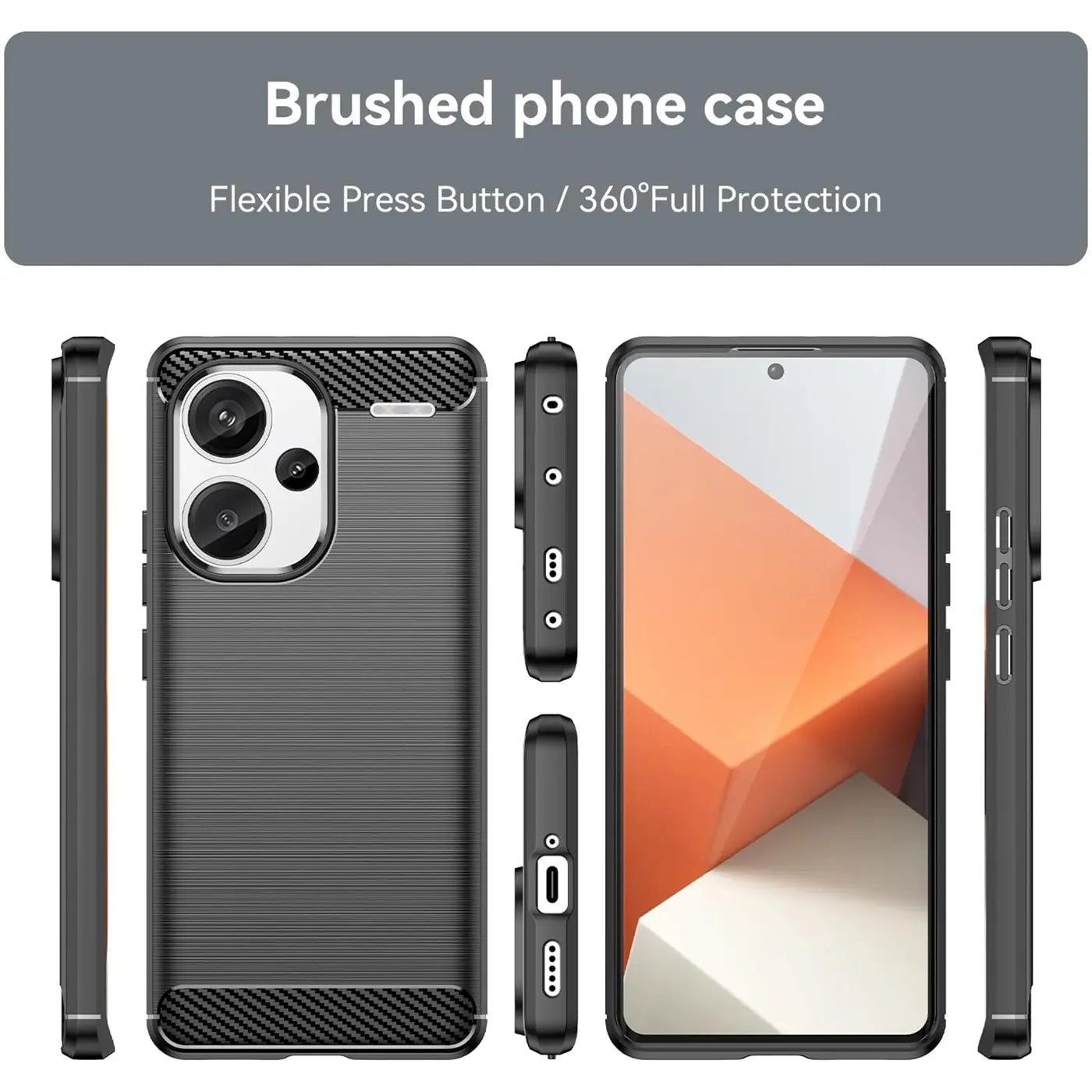 Graue Carbon-Hülle, von vorne, Seite, Rückseite und mit Handy (Xiaomi Redmi Note 13 Pro+ 5G)