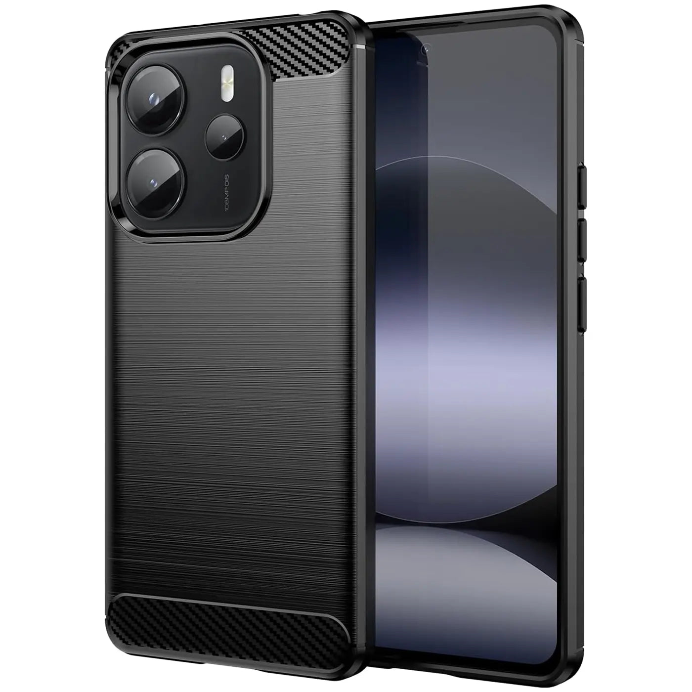 Schwarze Carbon-Hülle mit gebürsteter Textur für Xiaomi Redmi Note 14 4G, Seitenansicht.