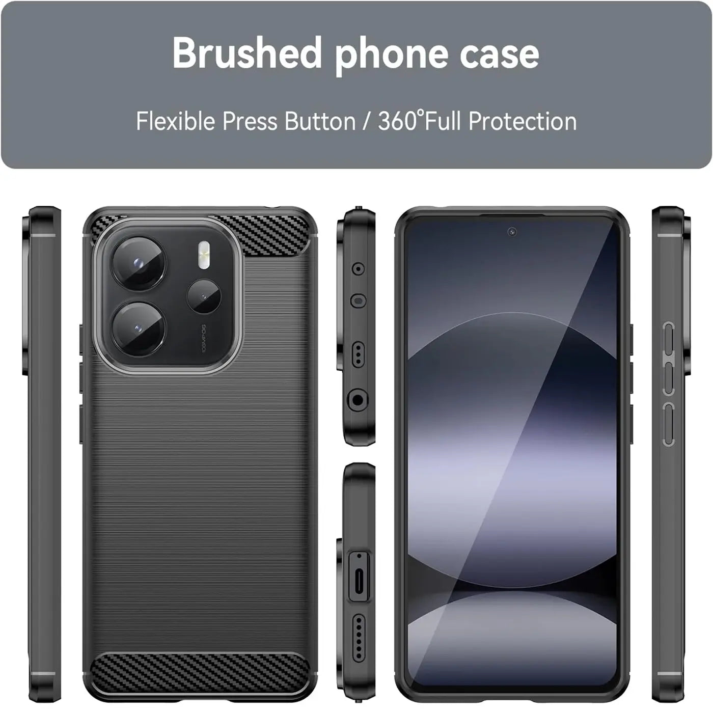 Graue Carbon-Hülle, verschiedene Ansichten, mit Xiaomi Redmi Note 14 4G.