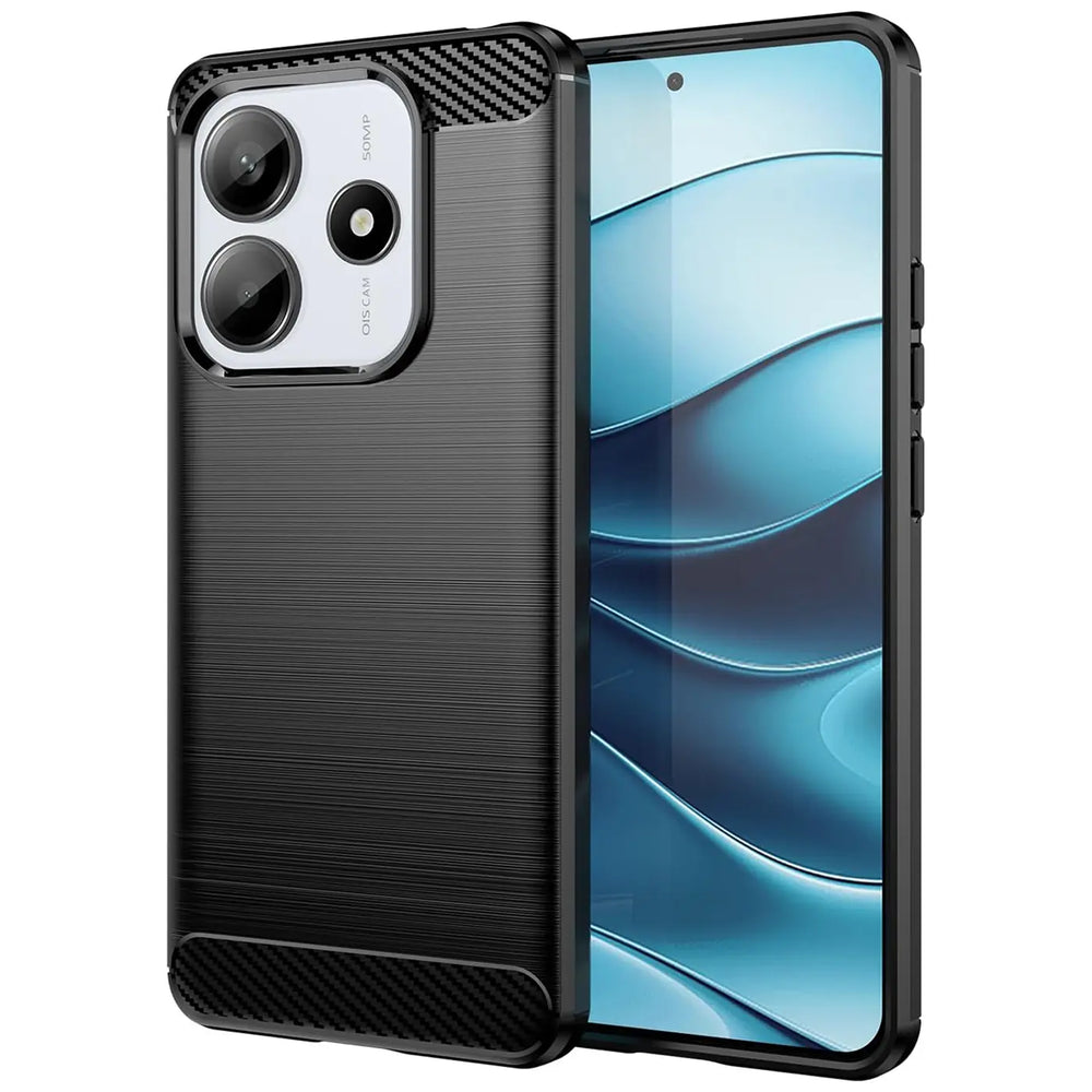 Schwarze Carbon-Hülle mit gebürsteter Textur, seitliche Ansicht, zeigt Xiaomi Redmi Note 14 5G.