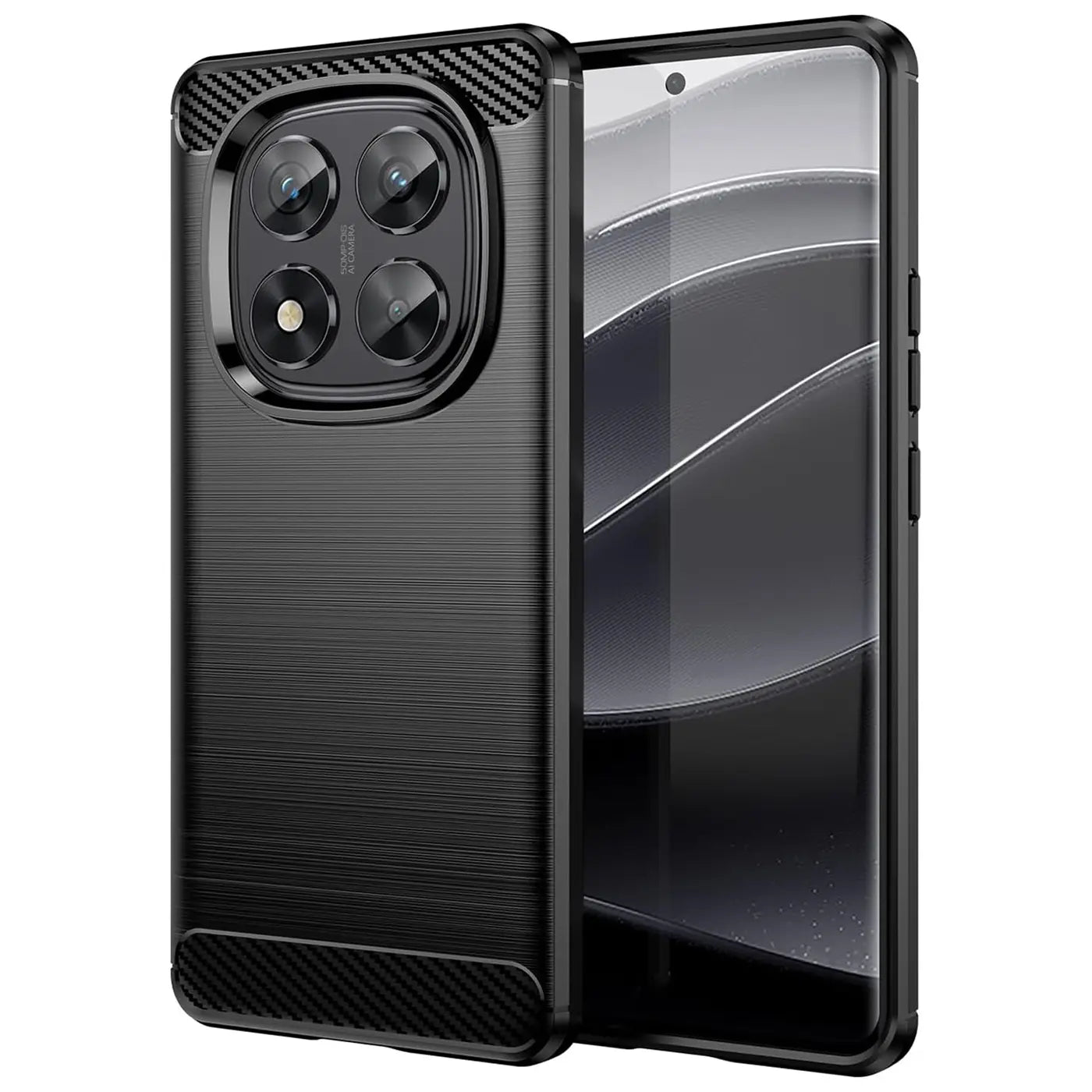 Schwarze Carbon-Hülle mit gebürsteter Oberfläche, seitliche Ansicht, zeigt Xiaomi Redmi Note 14 Pro 5G.
