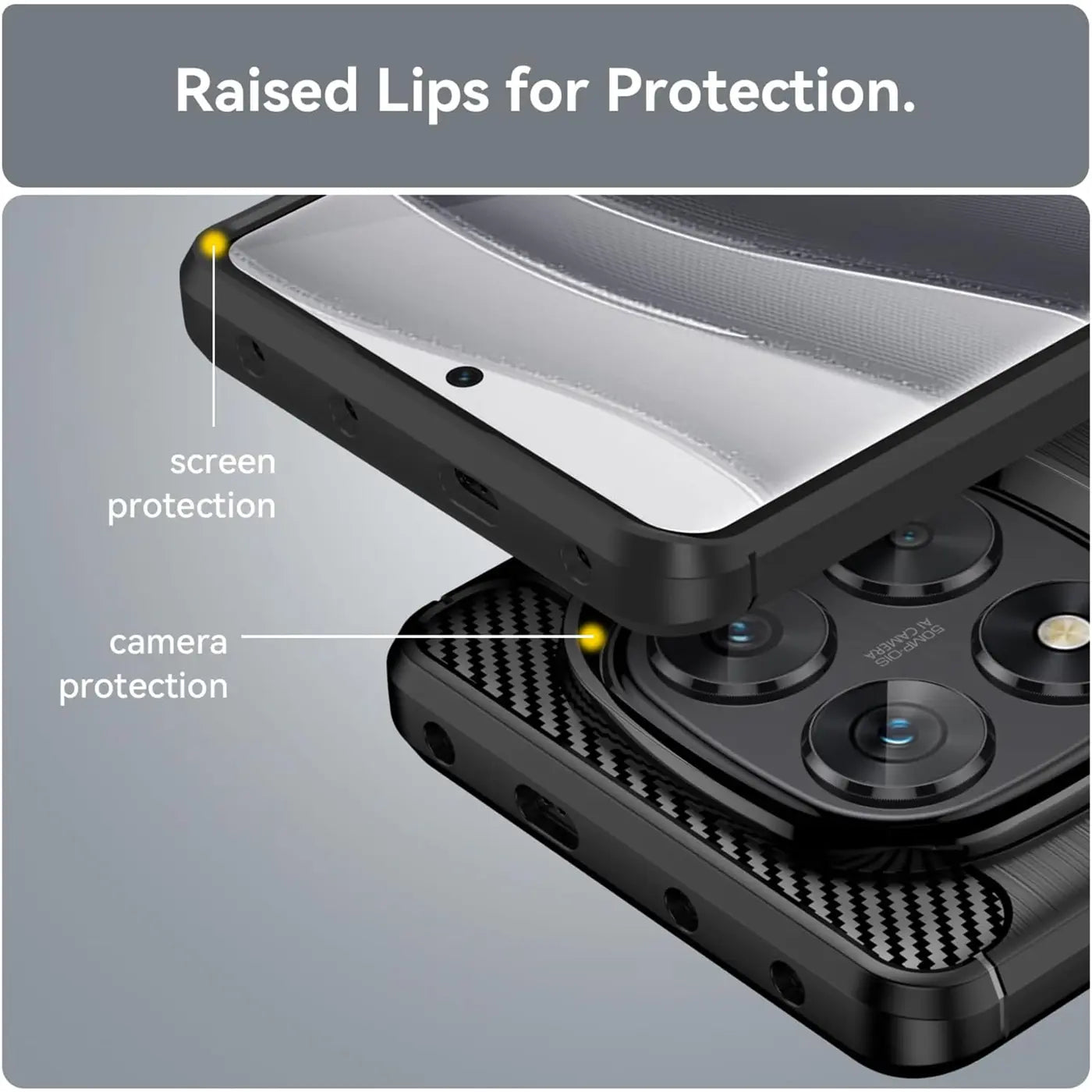 Schwarze Carbon-Hülle, Nahaufnahme, zeigt erhöhte Kanten für Display- und Kameraschutz am Xiaomi Redmi Note 14 Pro 5G.