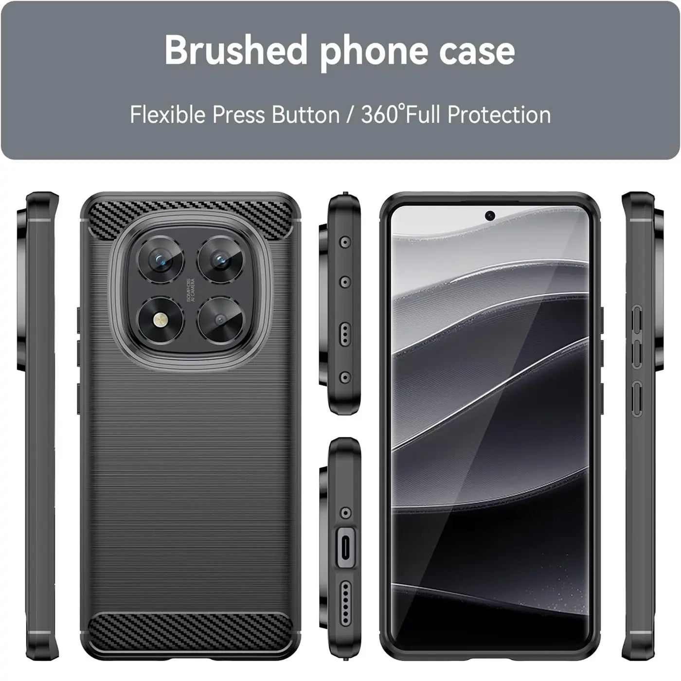 Dunkelgraue Carbon-Hülle für Xiaomi Redmi Note 14 Pro 5G, verschiedene Ansichten.