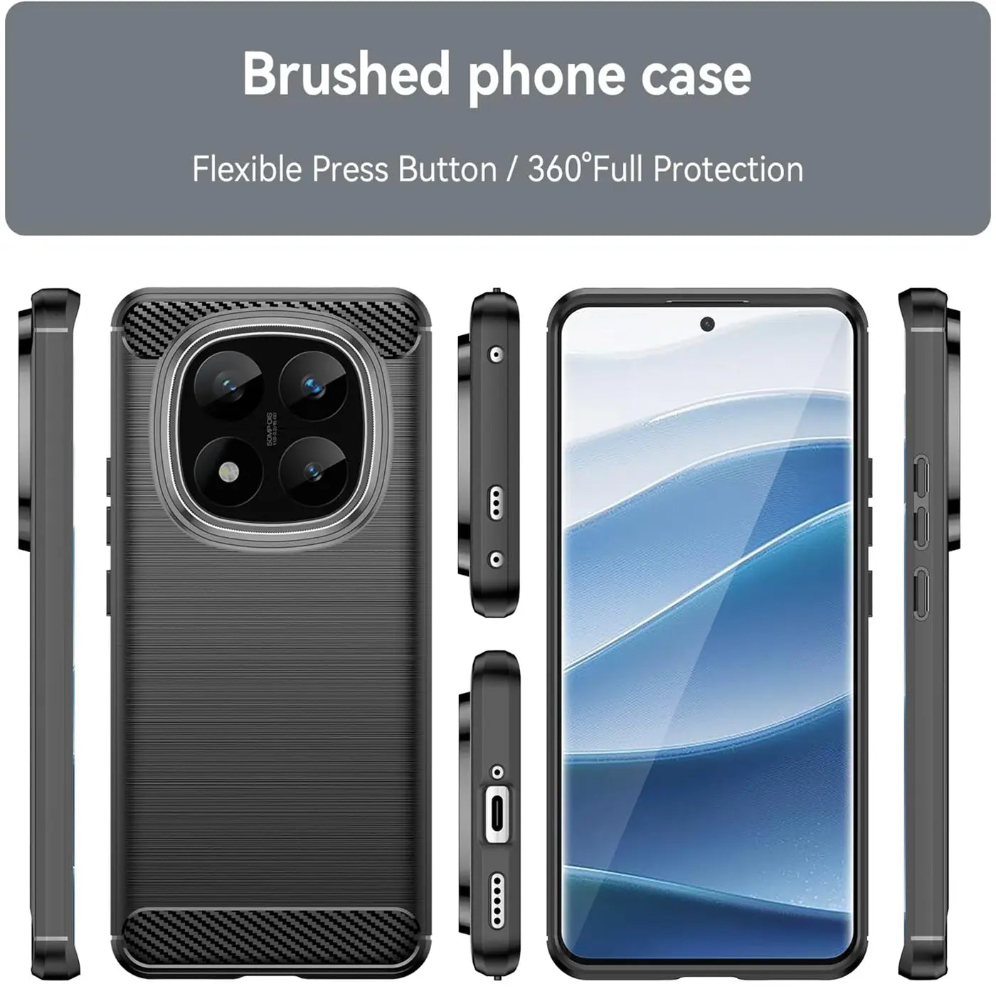 Dunkelgraue Carbon-Hülle, verschiedene Ansichten, mit Handy