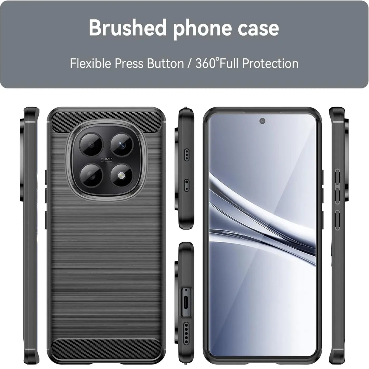 Graue Carbon-Hülle, verschiedene Ansichten, mit erkennbarem Smartphone-Display.